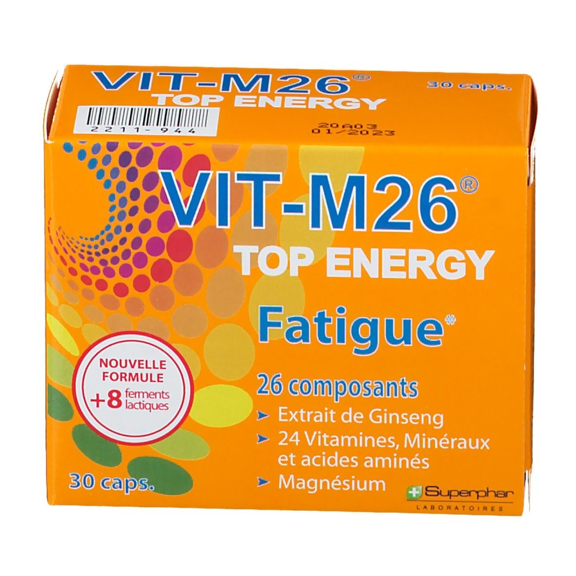 Scatola arancione "VIT-M26 TOP ENERGY Fatigue". Contiene 30 capsule. Scritte: 26 componenti, estratto di ginseng, vitamine, minerali, aminoacidi, magnesio.