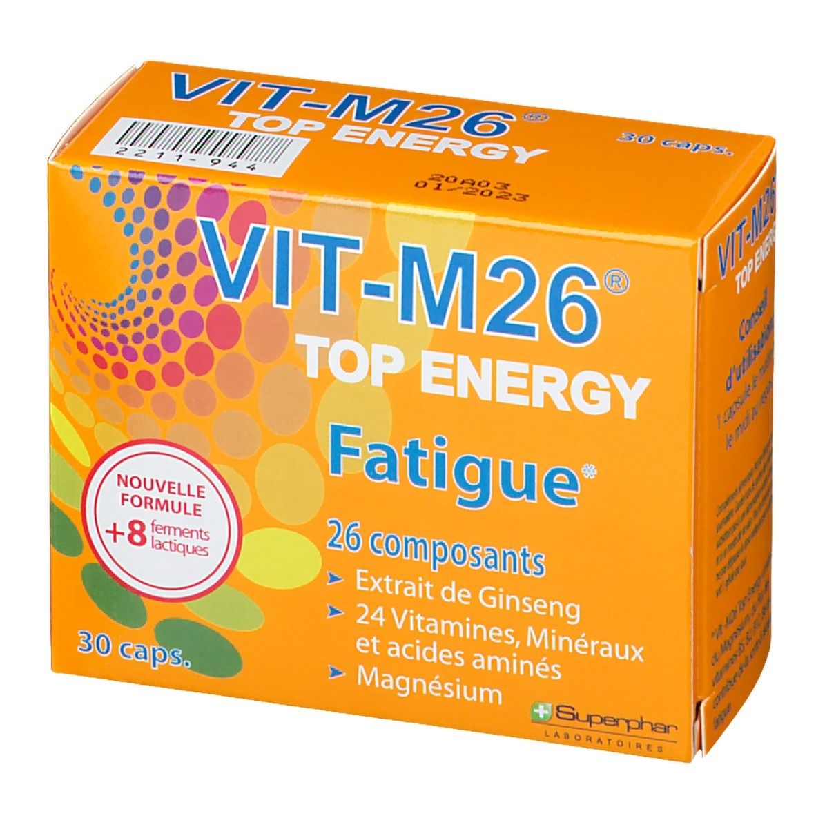 Scatola arancione "VIT-M26 TOP ENERGY Fatigue". Contiene 30 capsule. Scritte: 26 componenti, estratto di ginseng, vitamine, minerali, aminoacidi, magnesio.