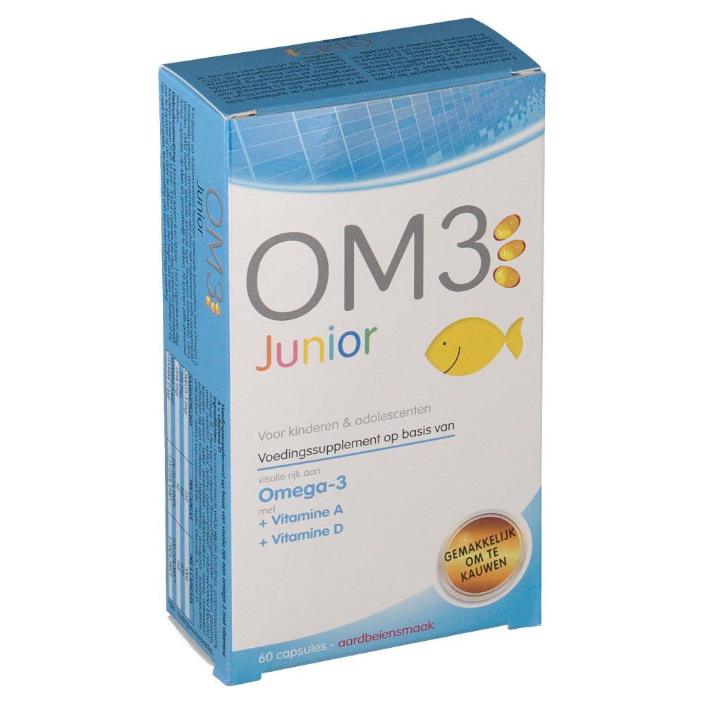 Confezione OM3 Junior. Contiene Omega-3, vitamina A e D. Illustrazione di pesce e testo 'Gemakkelijk om te kauwen'. 60 capsule.