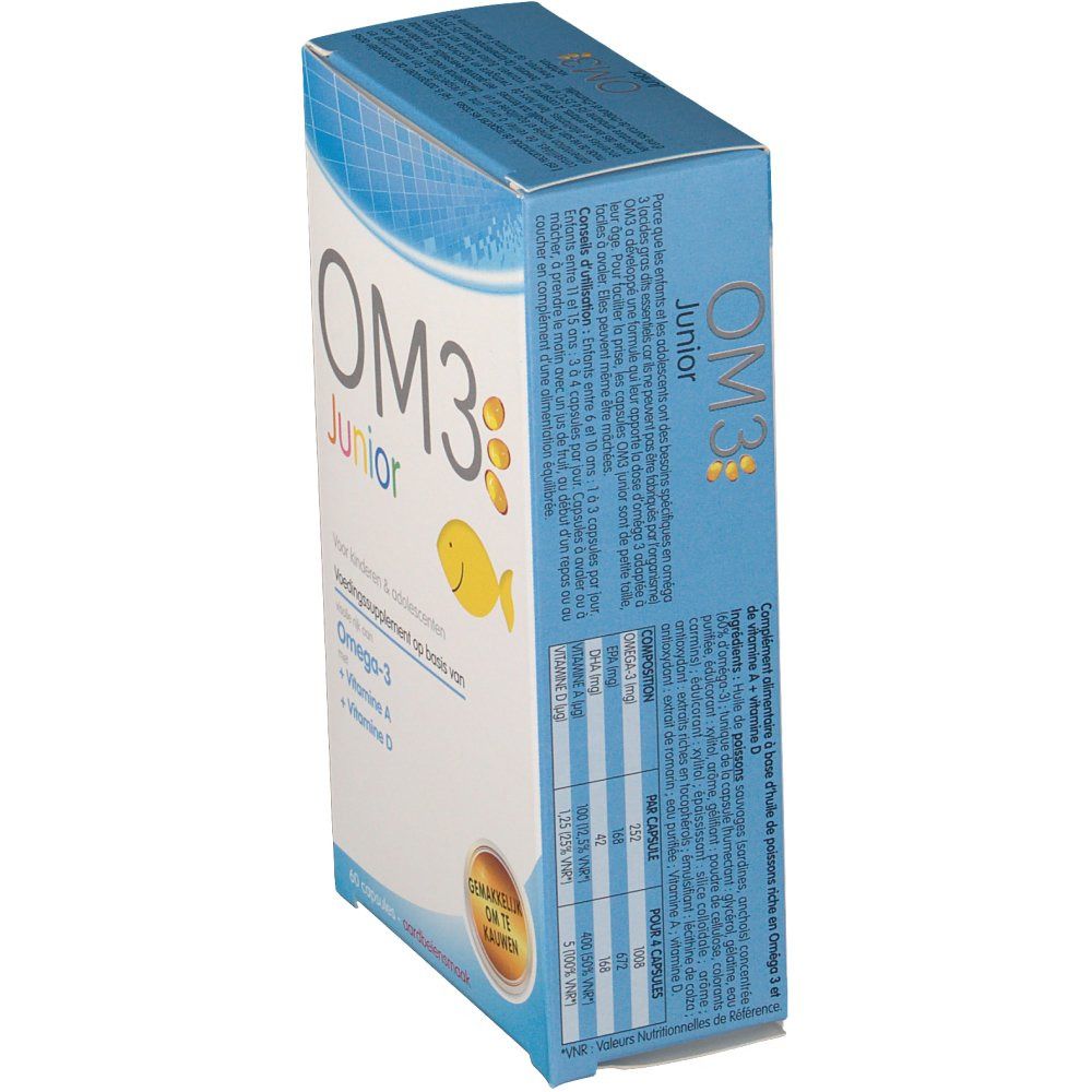 Vista laterale della confezione OM3 Junior. Contiene informazioni sugli ingredienti e i valori nutrizionali. Con illustrazione di pesce e testo.
