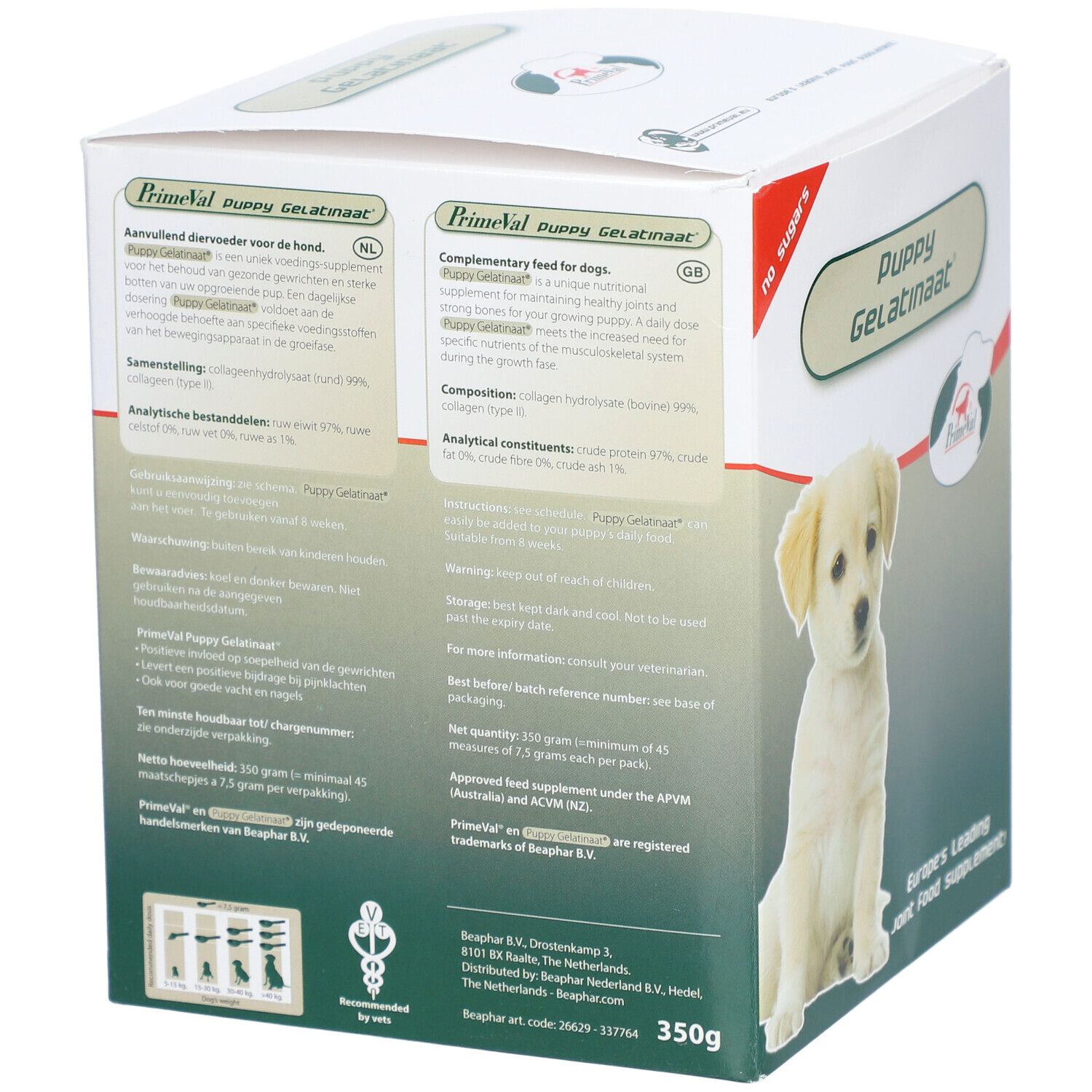PrimeVal Puppy Gelatinaat Retro della confezione con informazioni dettagliate sul prodotto e istruzioni.