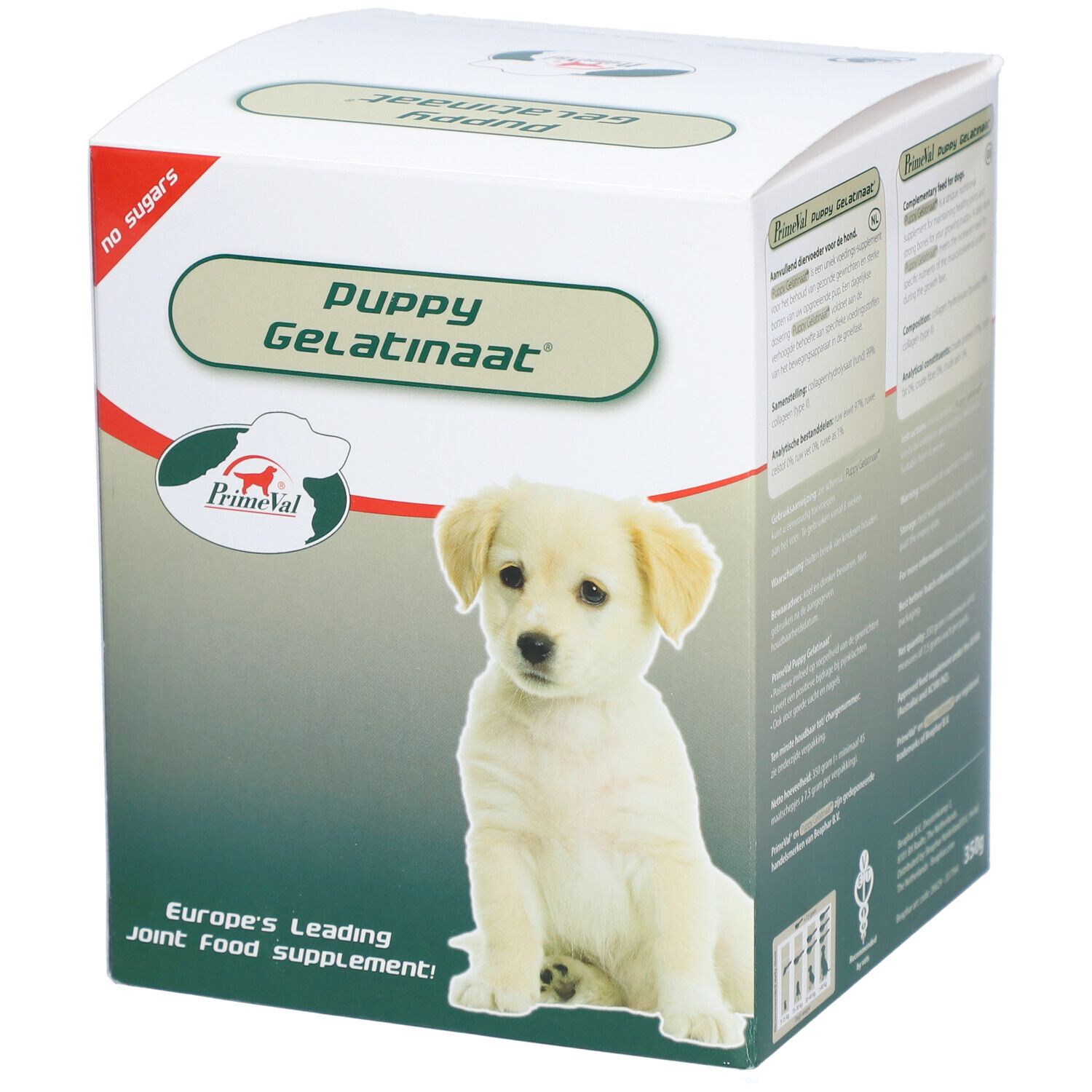 PrimeVal Puppy Gelatinaat Scatola con immagine di cucciolo e informazioni sul prodotto.