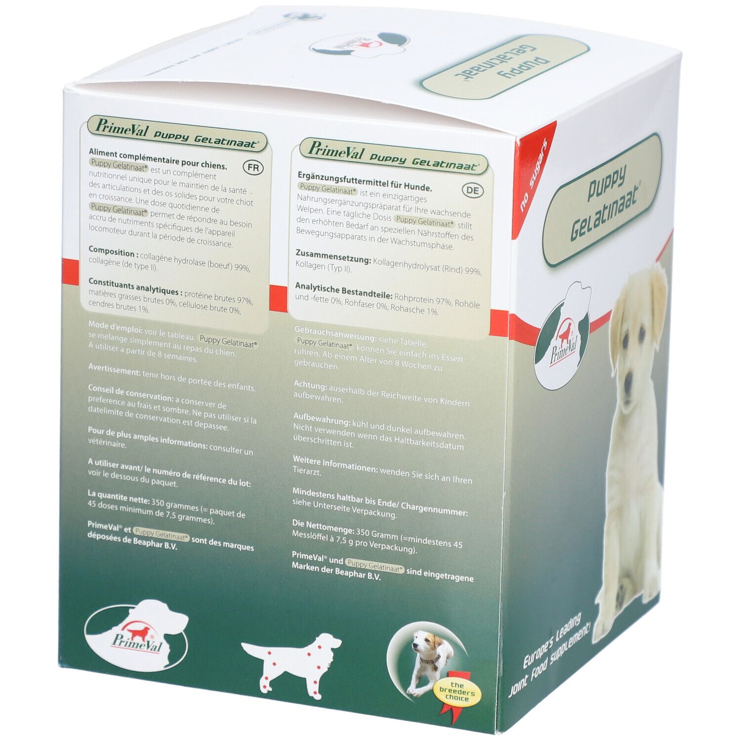 PrimeVal Puppy Gelatinaat Confezione con informazioni prodotto multilingue e immagine di cucciolo.