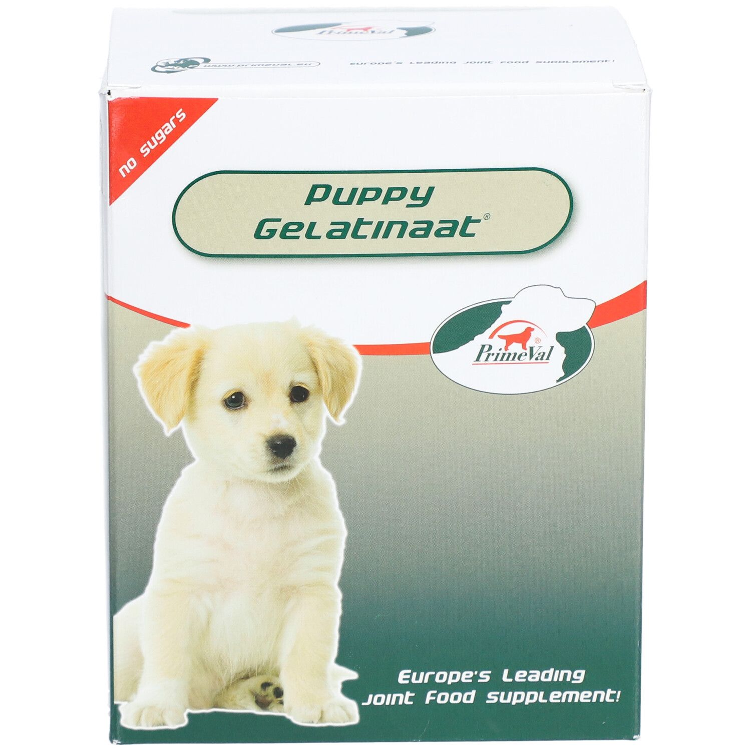 PrimeVal Puppy Gelatinaat Scatola con immagine di cucciolo e informazioni sul prodotto.