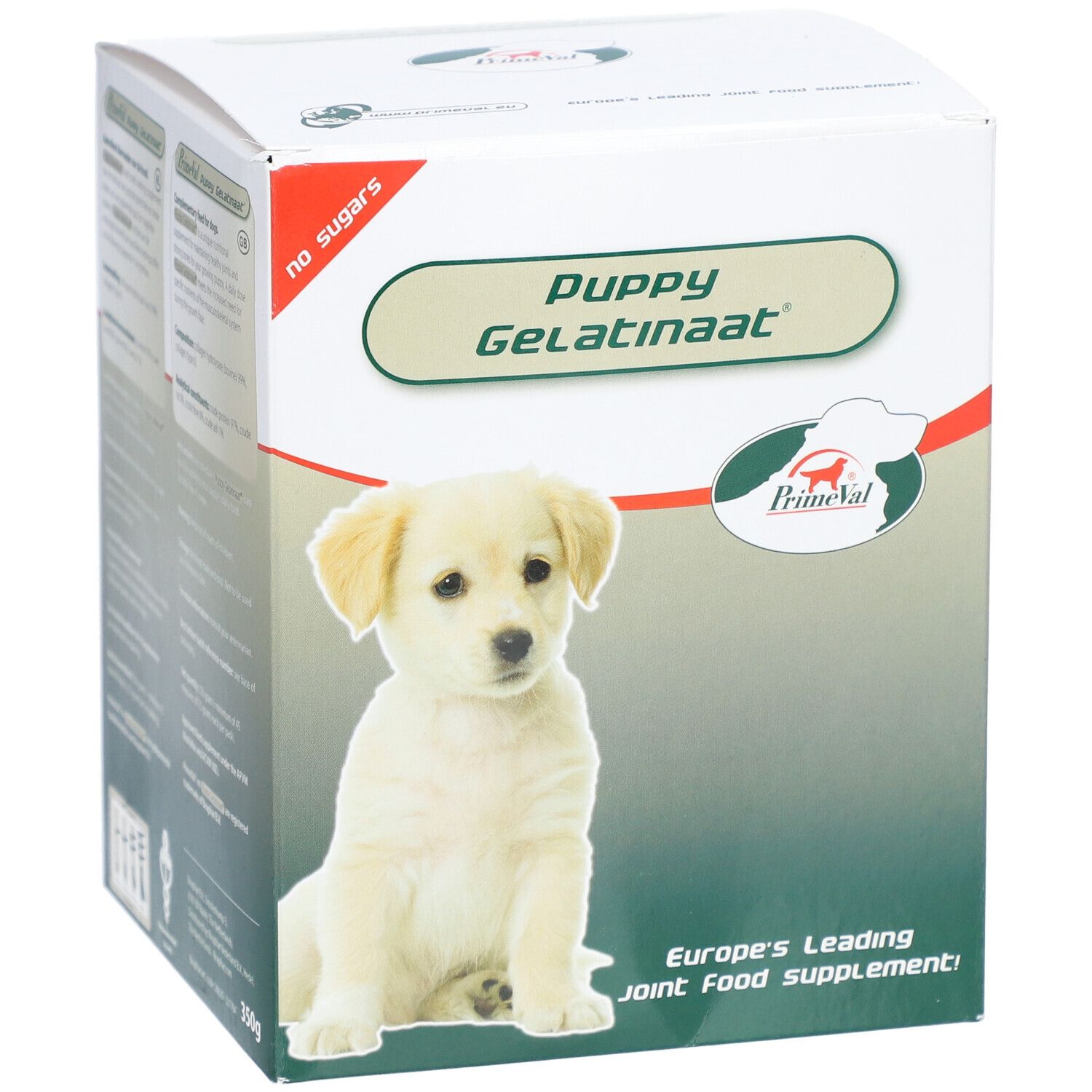 PrimeVal Puppy Gelatinaat Scatola con immagine di cucciolo e informazioni sul prodotto.