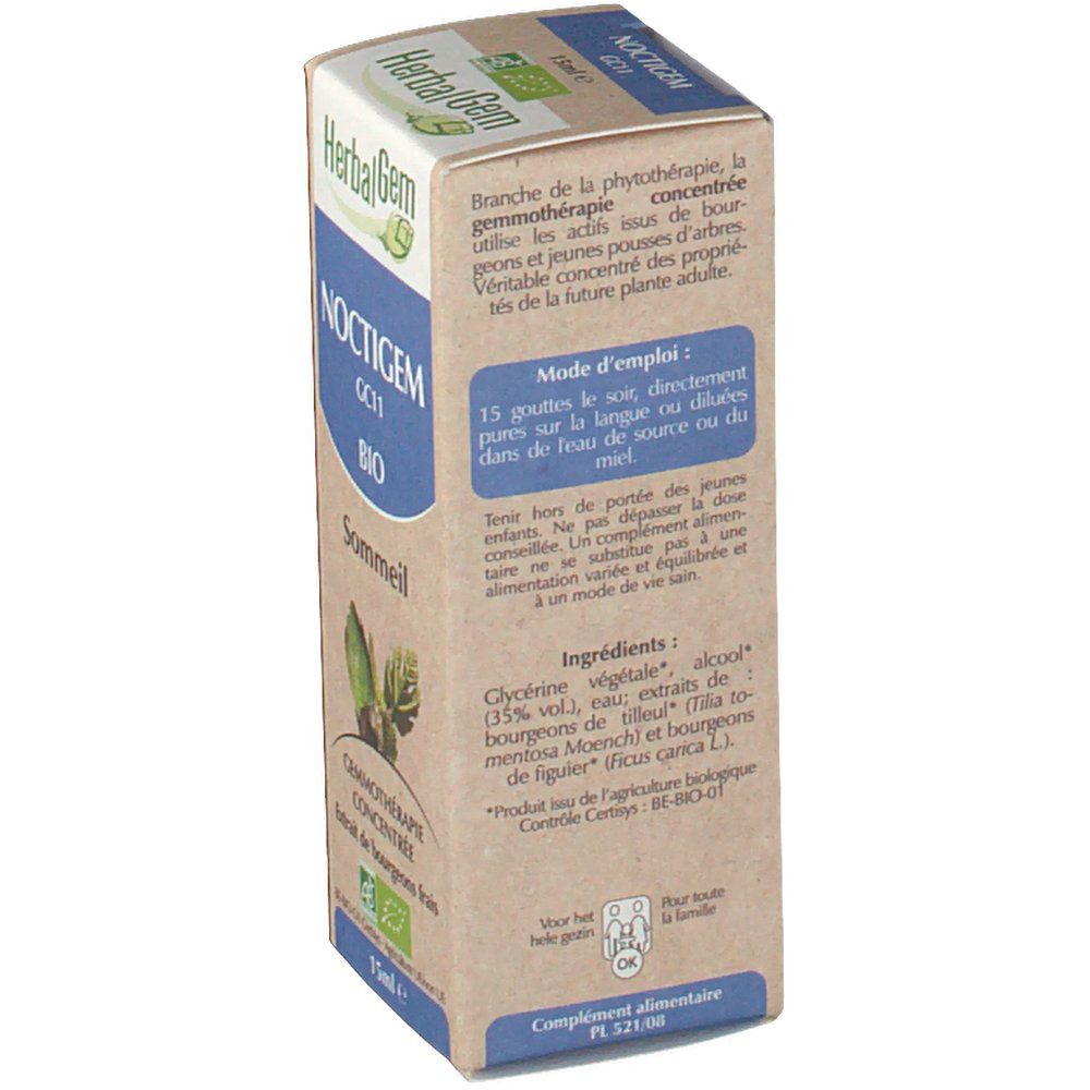 Retro della confezione NOCTIGEM. Testo su uso, ingredienti (glicerina, acqua, alcol, estratti di gemme) e certificazione BIO.