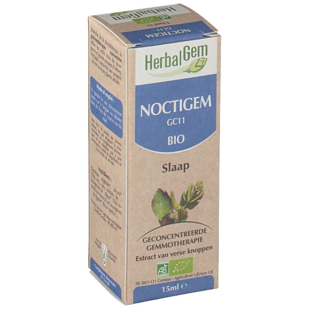 Confezione in cartone NOCTIGEM HerbalGem, certificazione BIO. Scritta Slaap. Contenuto 15ml. Gemmoterapia.