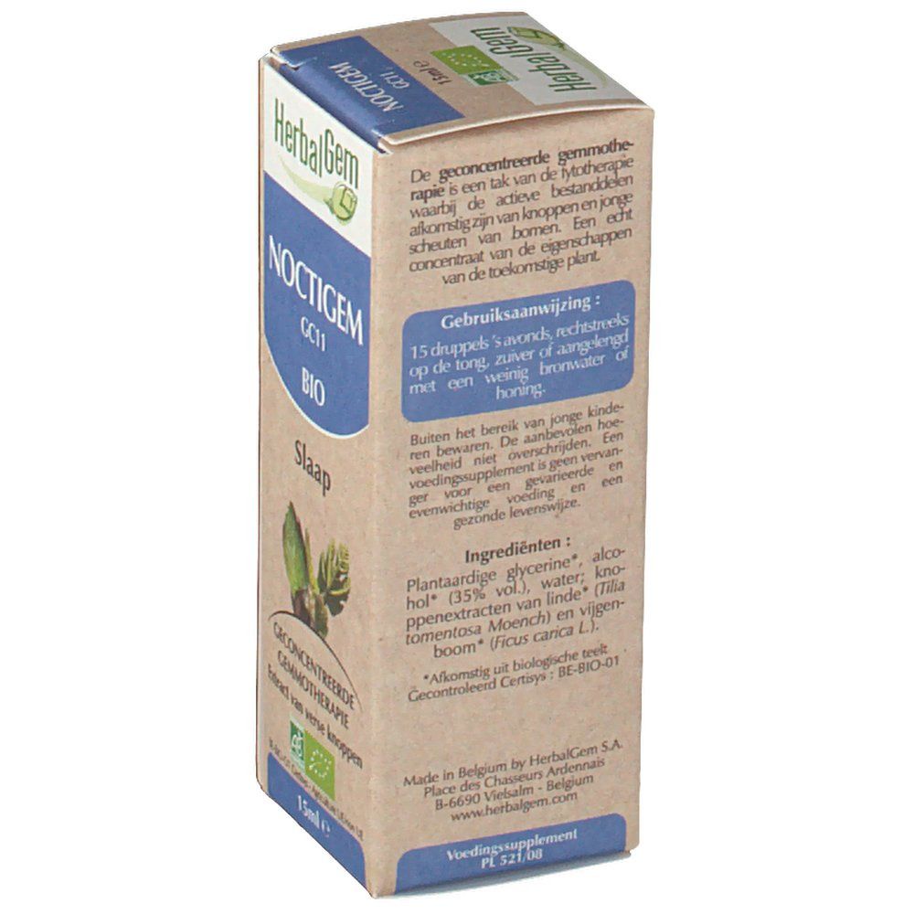 Retro della confezione NOCTIGEM. Testo su uso, ingredienti (glicerina, acqua, alcol, estratti di gemme) e certificazione BIO.