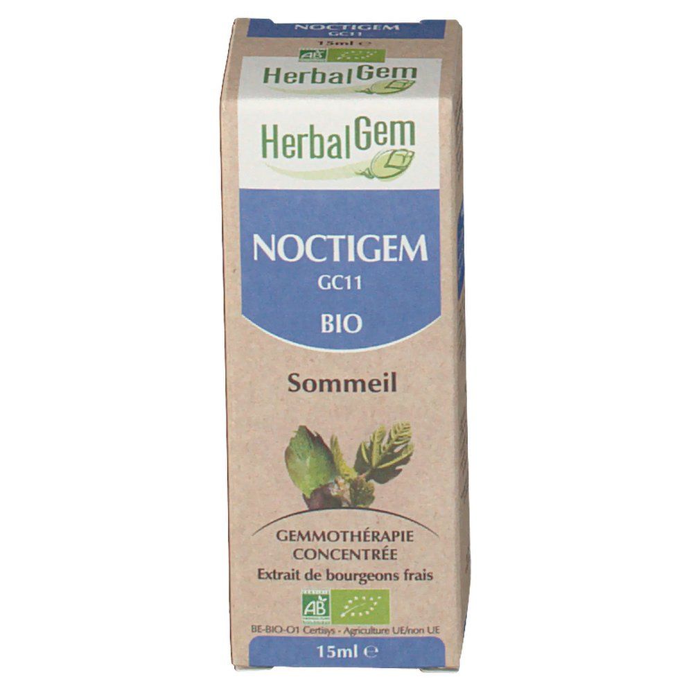 Confezione in cartone NOCTIGEM HerbalGem, certificazione BIO. Scritta Sommeil. Contenuto 15ml. Gemmoterapia.
