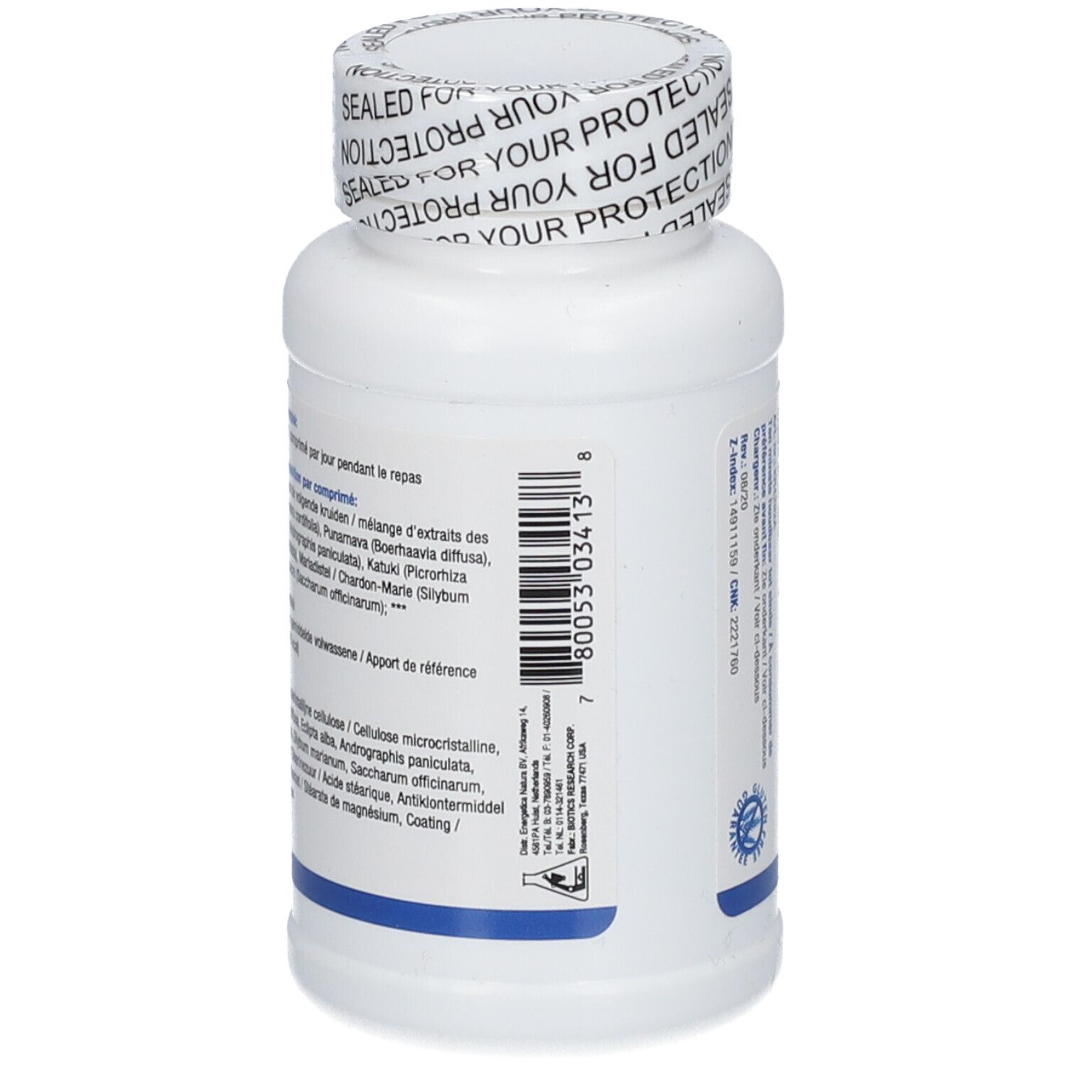 Retro del flacone bianco. Ingredienti e informazioni produttore. 180 compresse.