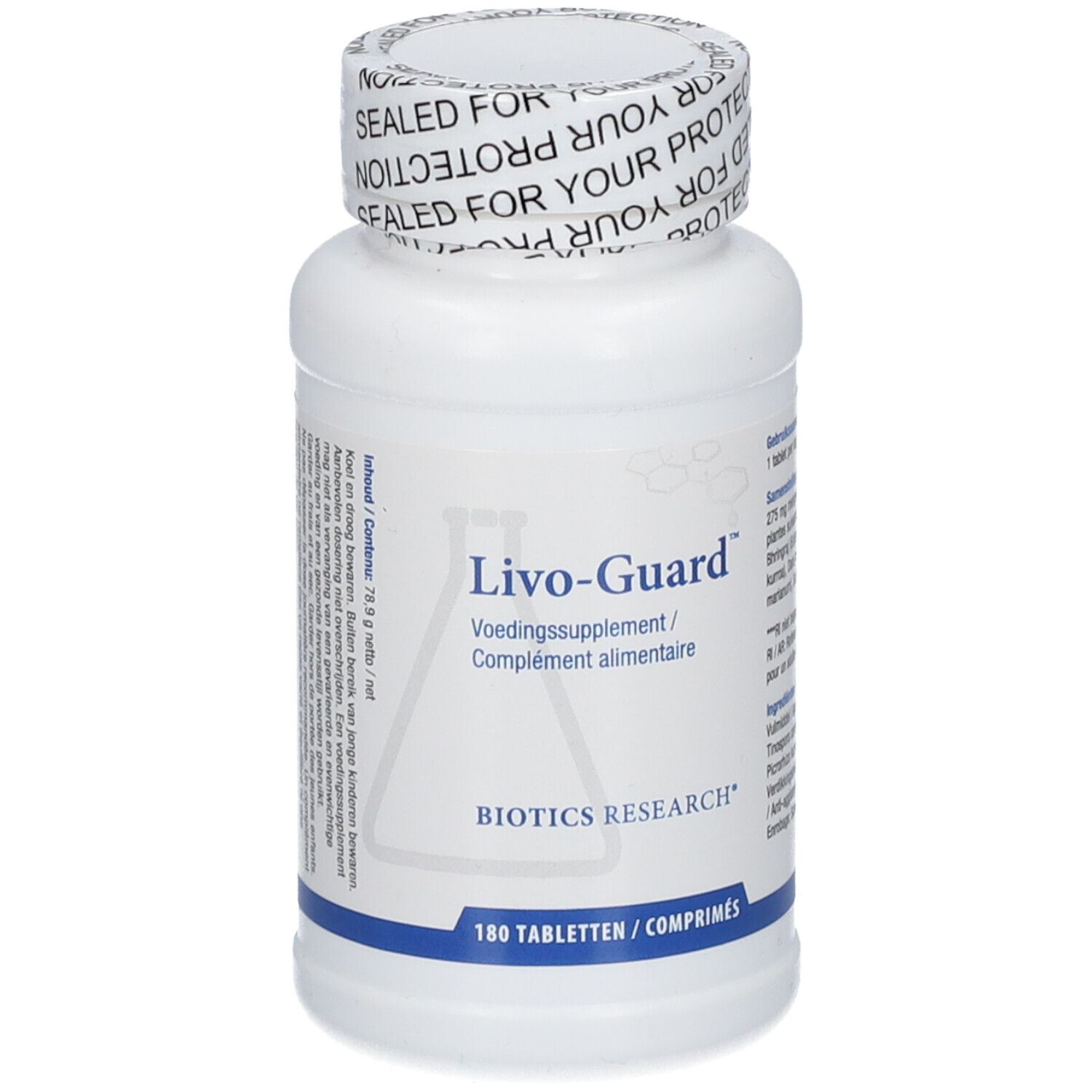 Flacone bianco Livo-Guard. Logo BIOTICS RESEARCH. 180 compresse. Tappo.