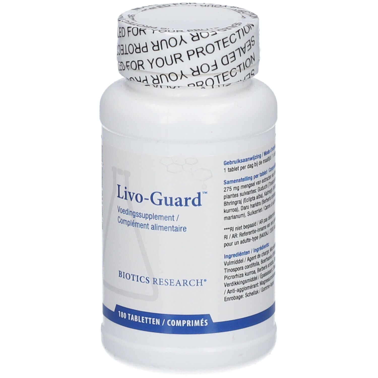 Flacone bianco Livo-Guard. Logo BIOTICS RESEARCH. 180 compresse. Tappo.