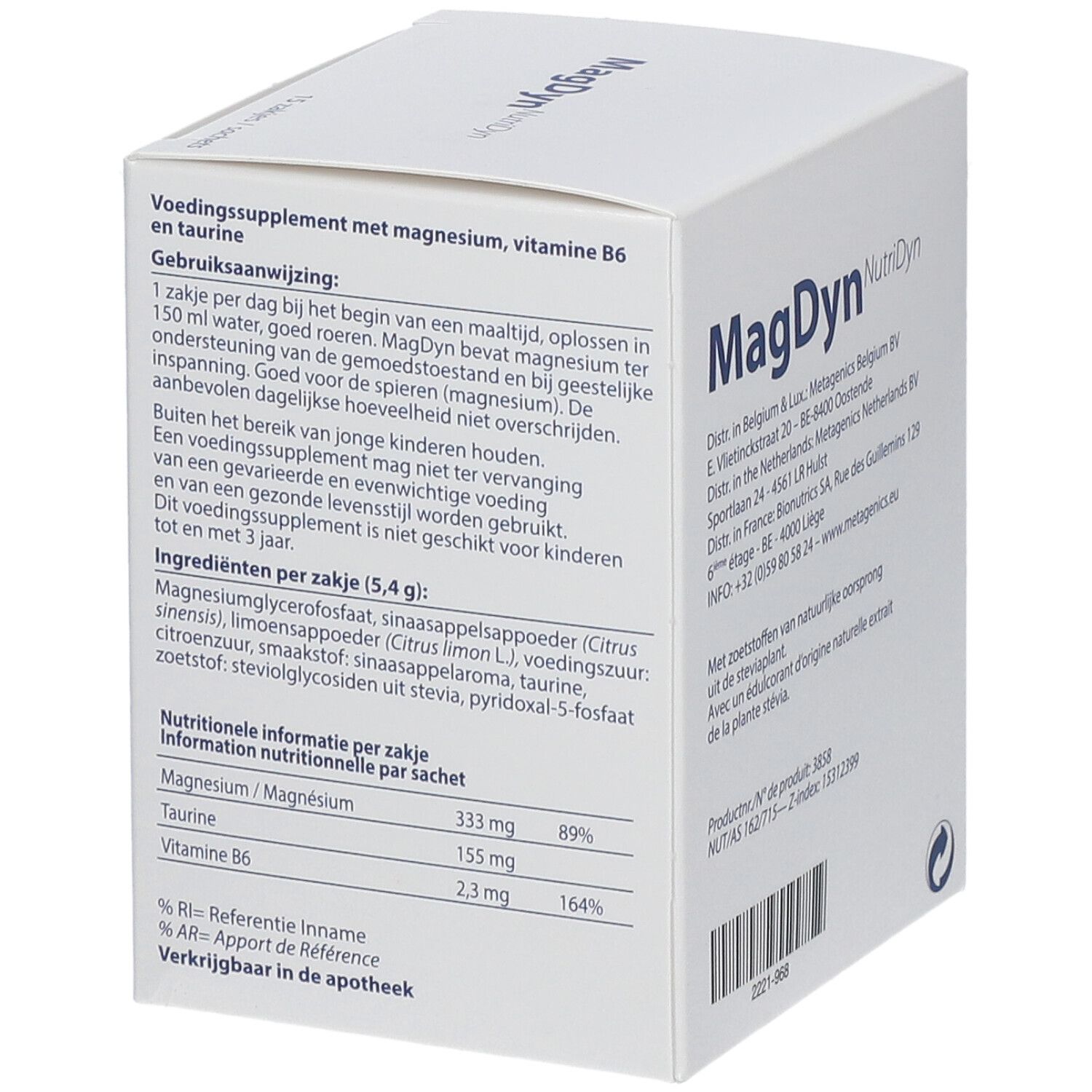 Scatola bianca con scritta "MagDyn NutriDyn". Contiene 15 bustine. Marchio: Metagenics. Testo in tedesco e francese.