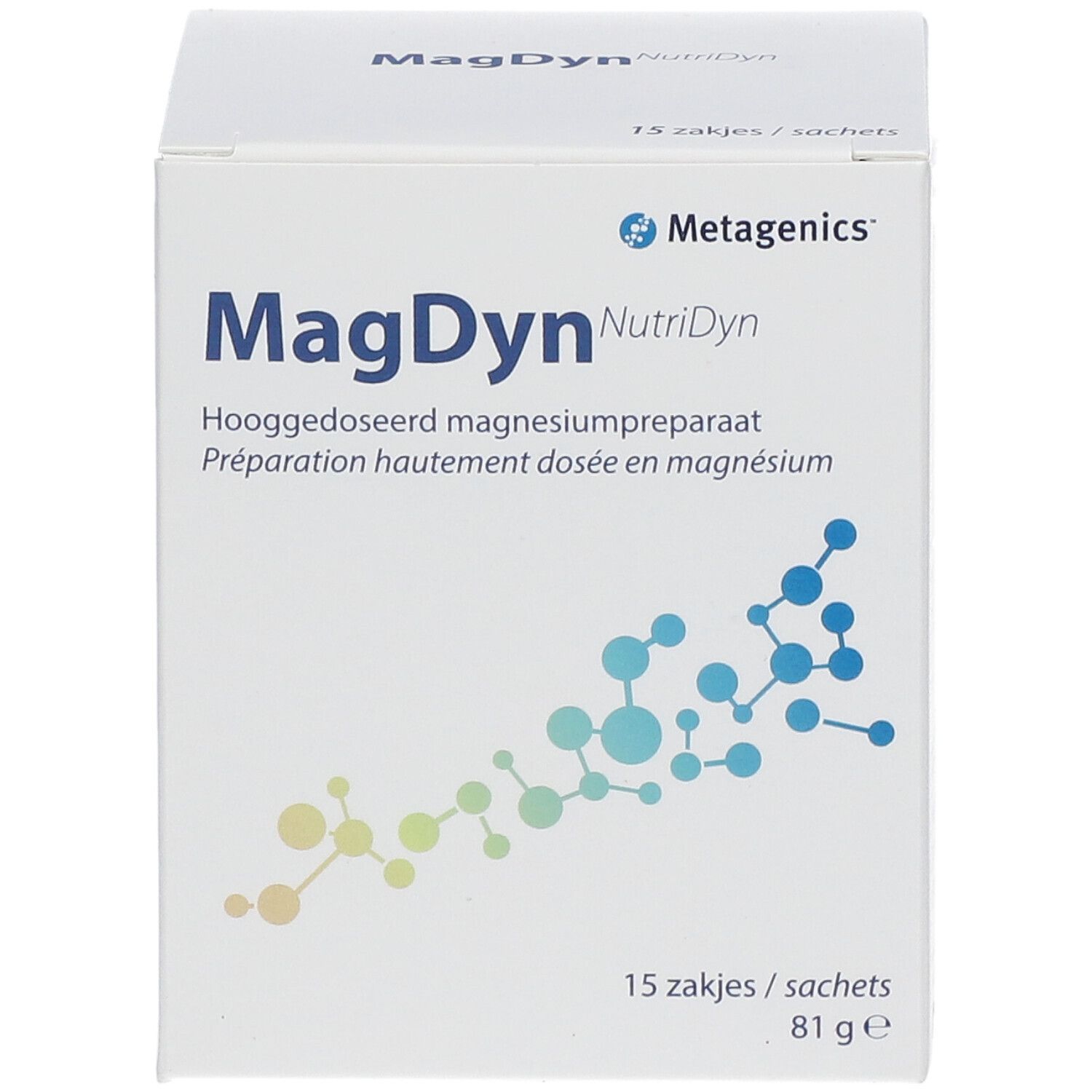 Scatola bianca con scritta "MagDyn NutriDyn". Contiene 15 bustine. Marchio: Metagenics. Testo in tedesco e francese.