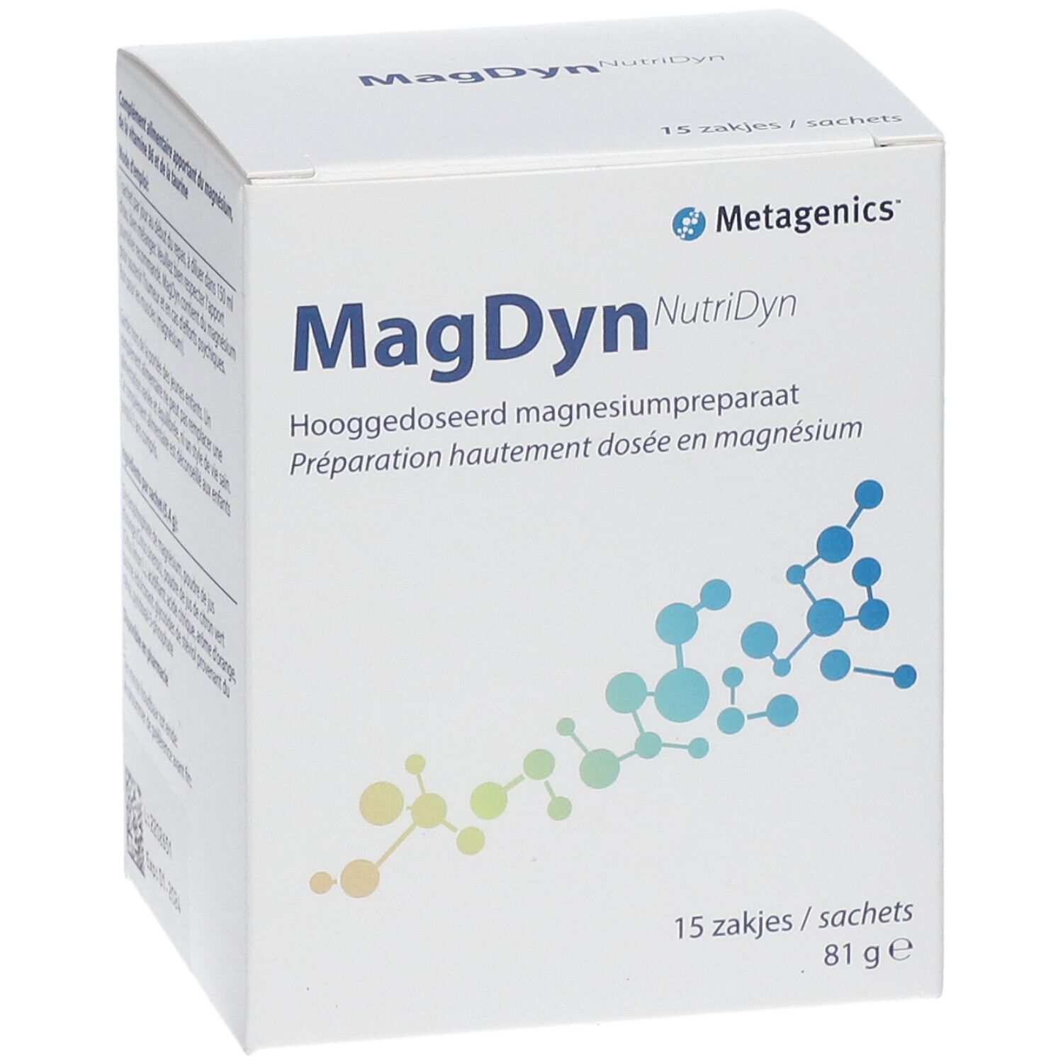 Scatola bianca con scritta "MagDyn NutriDyn". Contiene 15 bustine. Marchio: Metagenics. Testo in tedesco e francese.