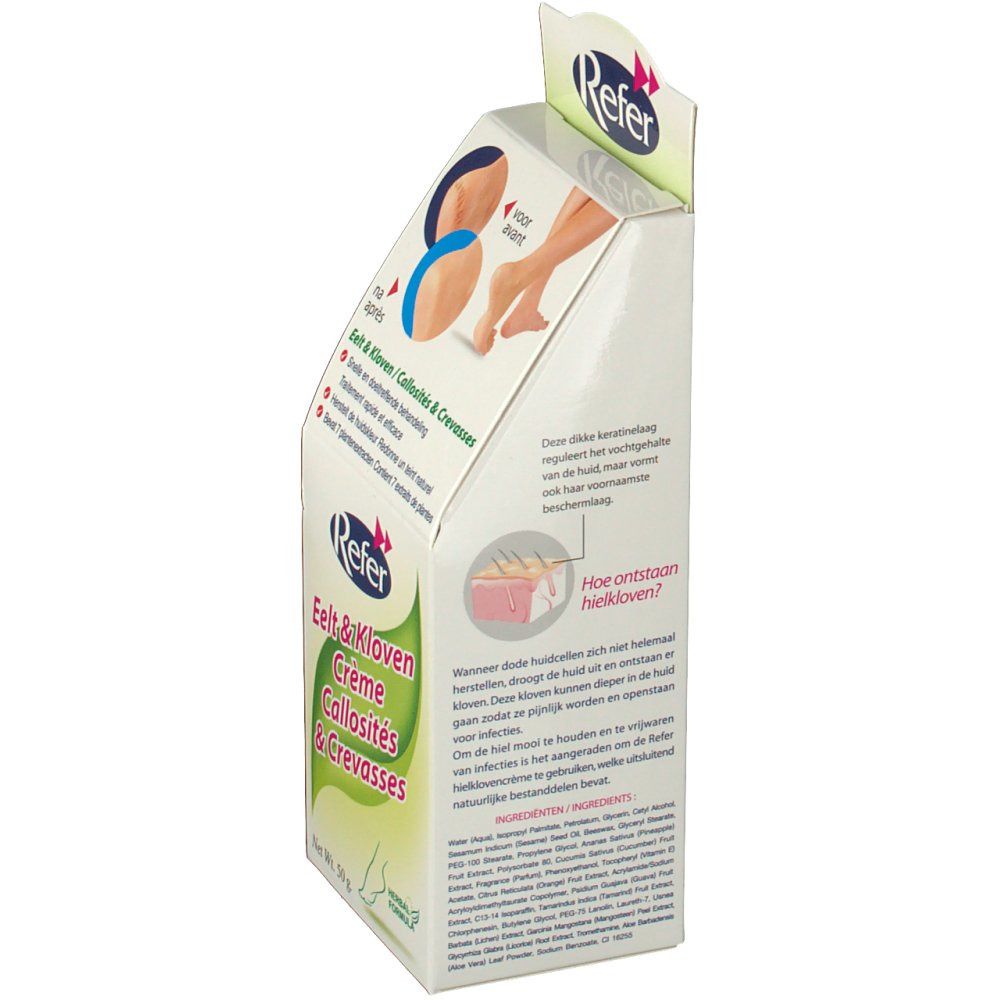 Lato della confezione Refer. Testo in olandese, tedesco e francese. Illustrazioni di piedi e pelle.