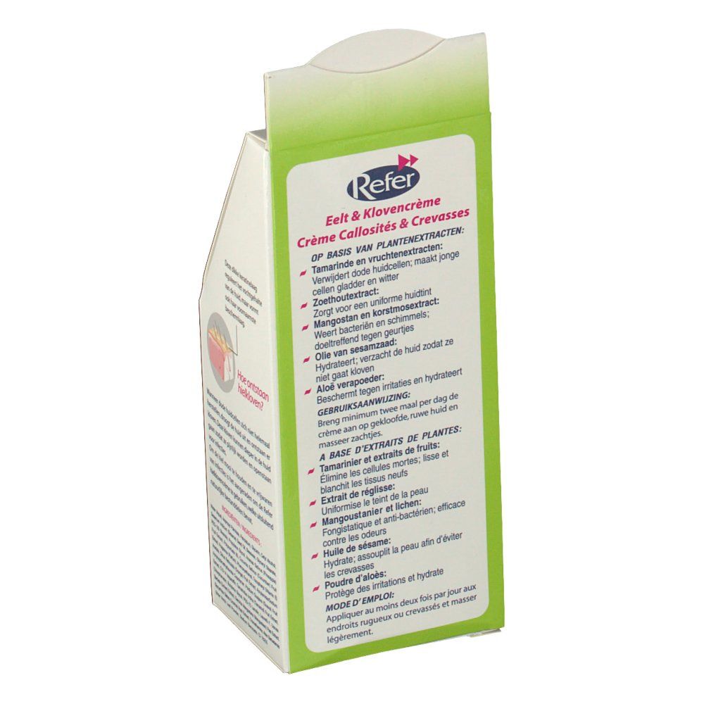 Retro della confezione Refer. Testo in olandese, tedesco e francese. Elenco ingredienti e istruzioni per l'uso.