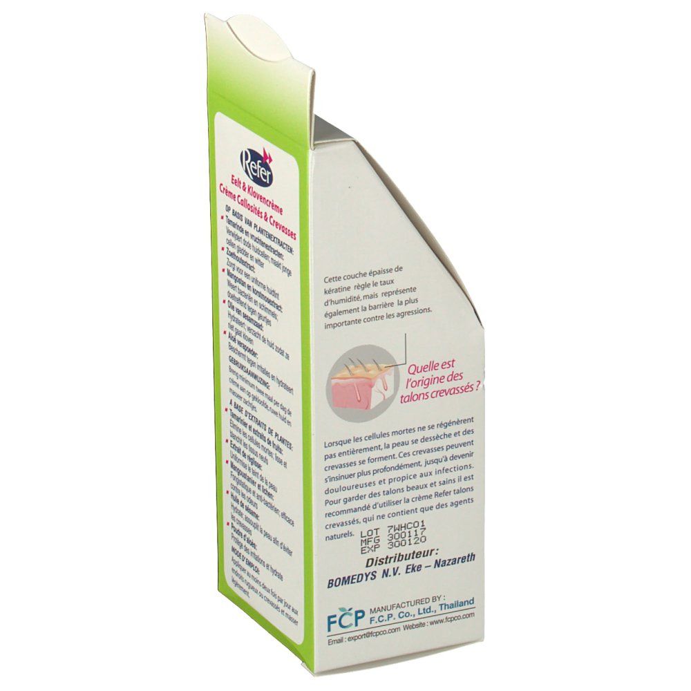 Lato della confezione Refer. Testo in olandese, tedesco e francese. Informazioni sull'uso e sul produttore.