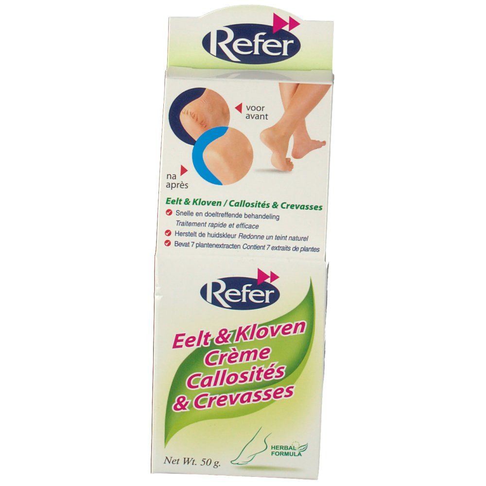 Fronte della confezione Refer. Nome del prodotto e illustrazioni di piedi. Testo in olandese, tedesco e francese. Peso netto 50g.