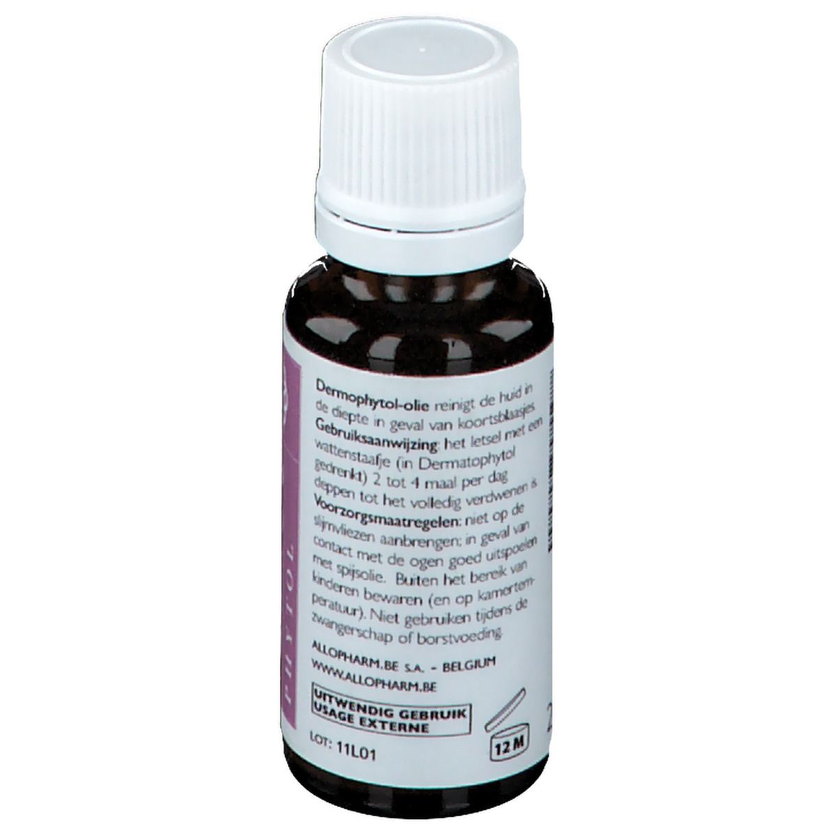 Retro di un flacone di vetro marrone con tappo bianco. Testo in più lingue. Scritta: ALLOPHARM.BE