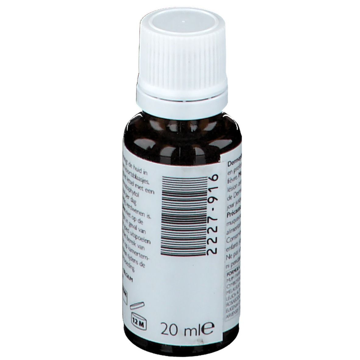Flacone di vetro marrone con tappo bianco. Scritta: 20 ml e. Codice a barre e testo in più lingue.