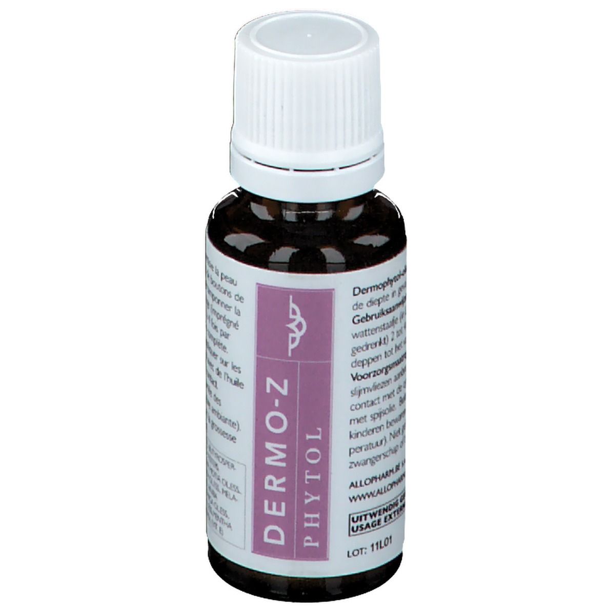 Flacone di vetro marrone con tappo bianco. Etichetta con striscia viola e testo: DERMO-Z PHYTOL. Scritte in più lingue.