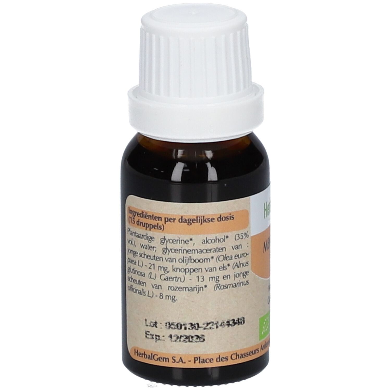 Flacone di vetro marrone con tappo bianco. Etichetta con ingredienti e logo bio. Flacone in piedi.