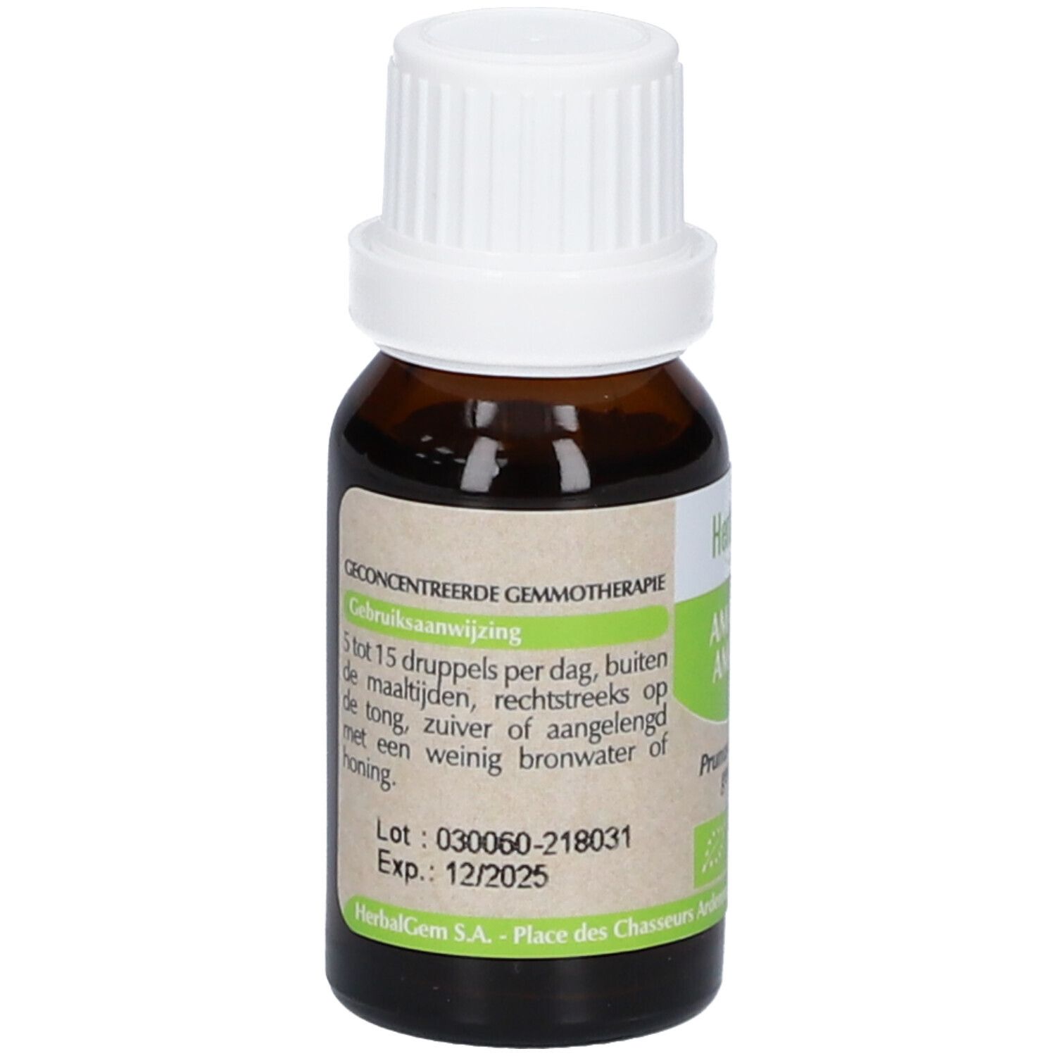 Flacone di vetro marrone con tappo bianco. Etichetta con informazioni sul prodotto e data di scadenza. HerbalGem Amandier Amandel.