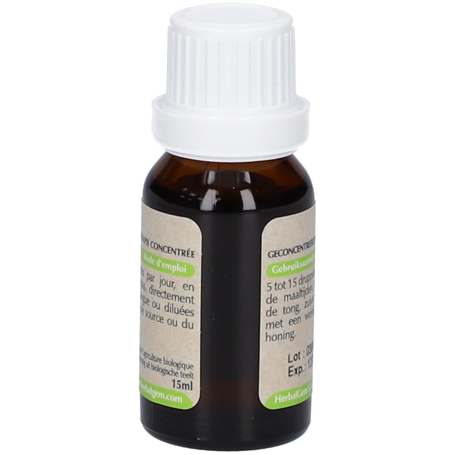 Flacone di vetro marrone con tappo bianco. Etichetta con informazioni sul prodotto. HerbalGem Amandier Amandel. 15ml.