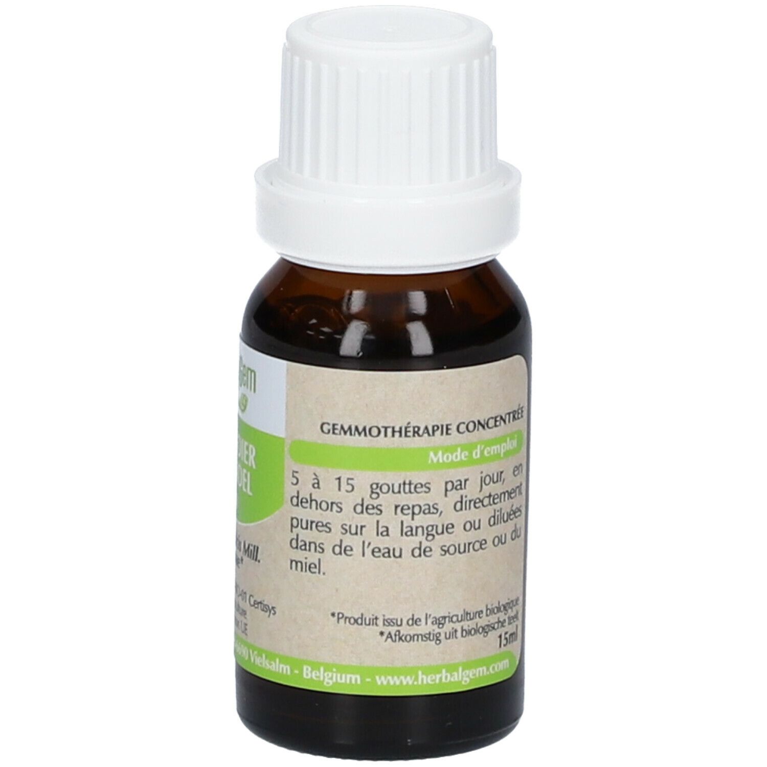 Flacone di vetro marrone con tappo bianco. Etichetta con informazioni sul prodotto. HerbalGem Amandier Amandel. 15ml.