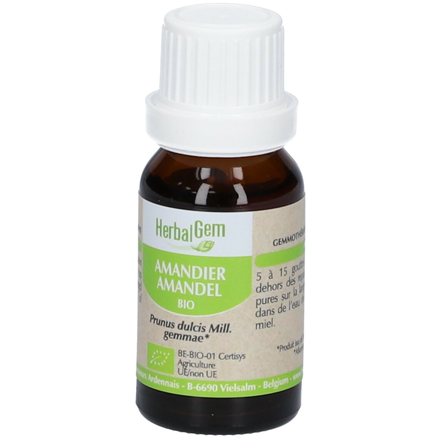 Flacone di vetro marrone con tappo bianco. Etichetta con nome del prodotto e marchio biologico. HerbalGem Amandier Amandel.