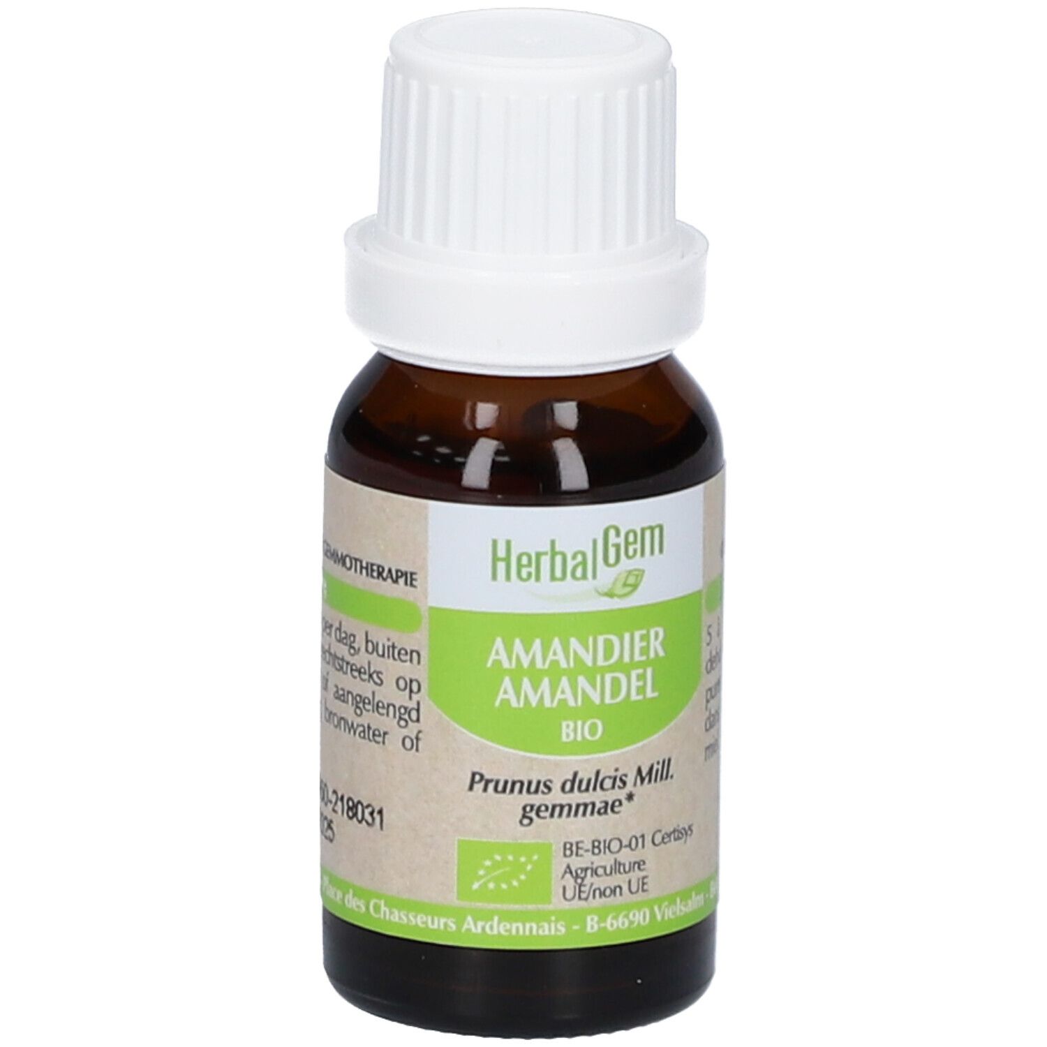 Flacone di vetro marrone con tappo bianco. Etichetta con nome del prodotto e marchio biologico. HerbalGem Amandier Amandel.