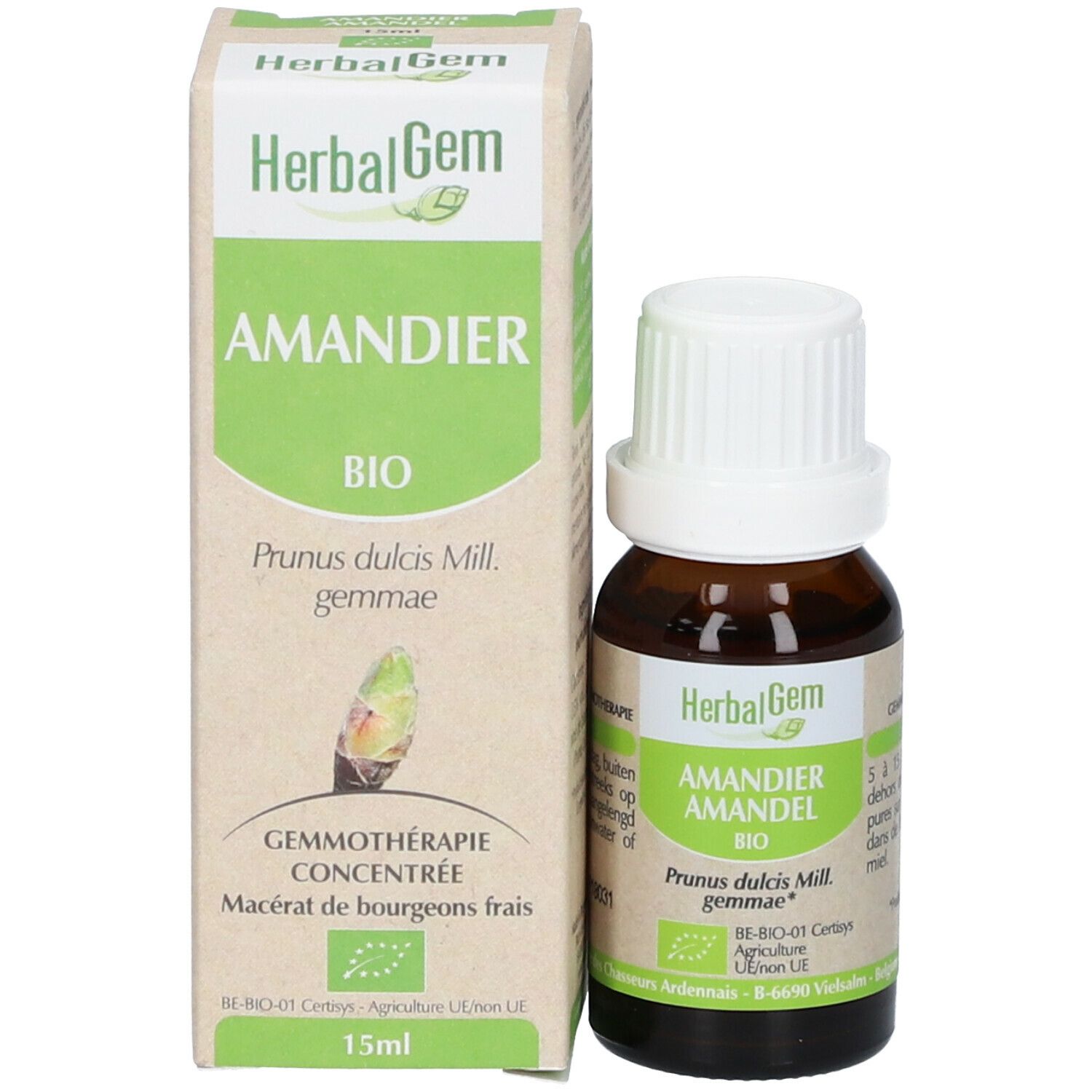 Flacone e confezione del prodotto. Flacone di vetro marrone con tappo bianco. Scatola con nome del prodotto e marchio biologico. HerbalGem Amandier.