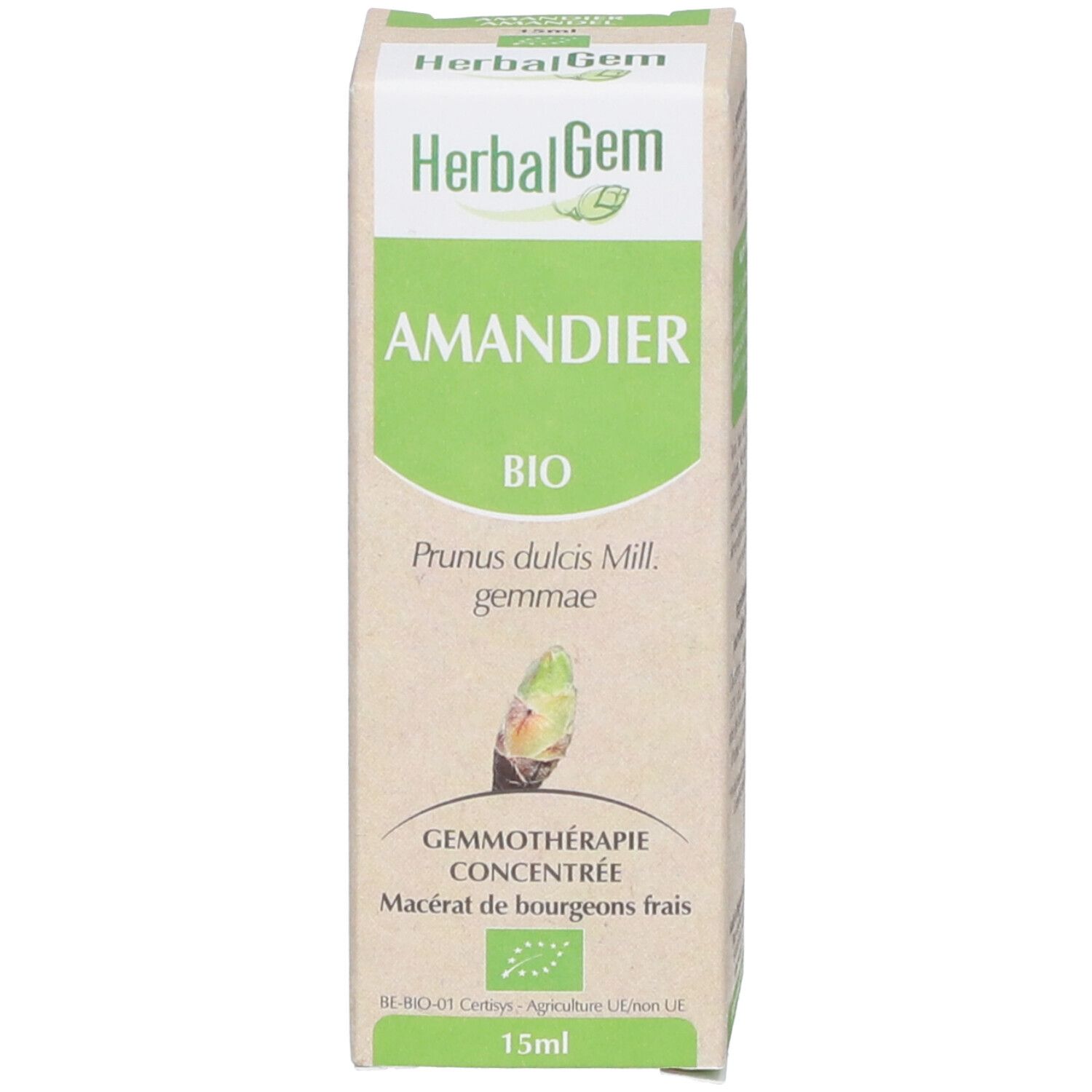 Confezione in cartone con nome del prodotto e marchio biologico. HerbalGem Amandier. 15ml. Gemmoterapia.