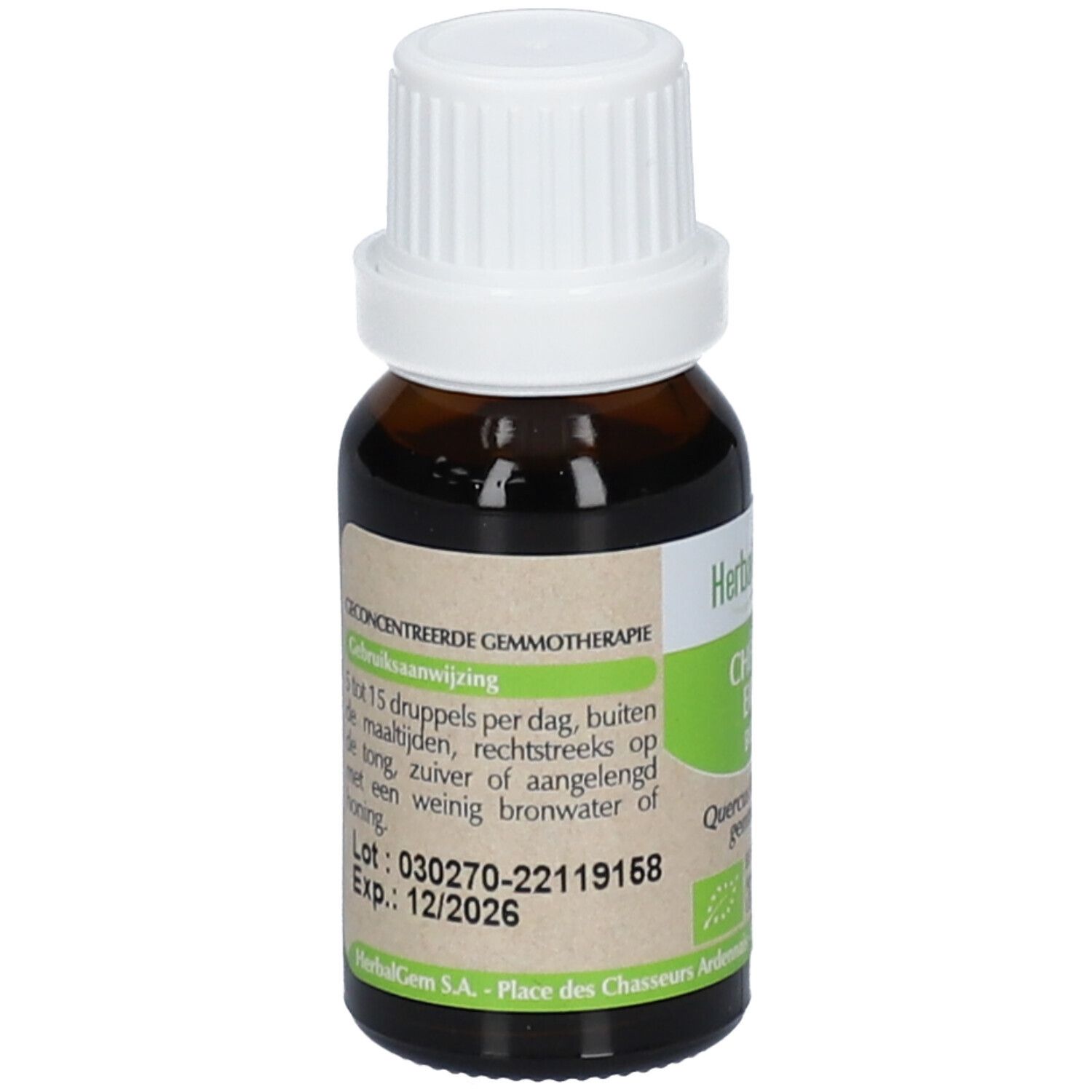 Flacone di vetro marrone con tappo bianco. Etichetta con testo e data di scadenza. HerbalGem. Certificazione bio.