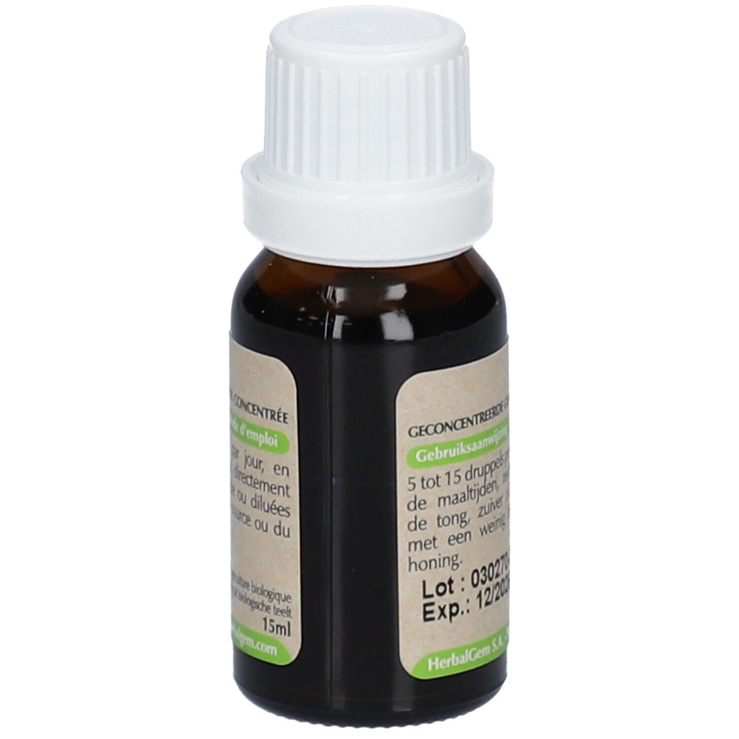 Flacone di vetro marrone con tappo bianco. Etichetta con testo. HerbalGem. 15ml. Certificazione bio.
