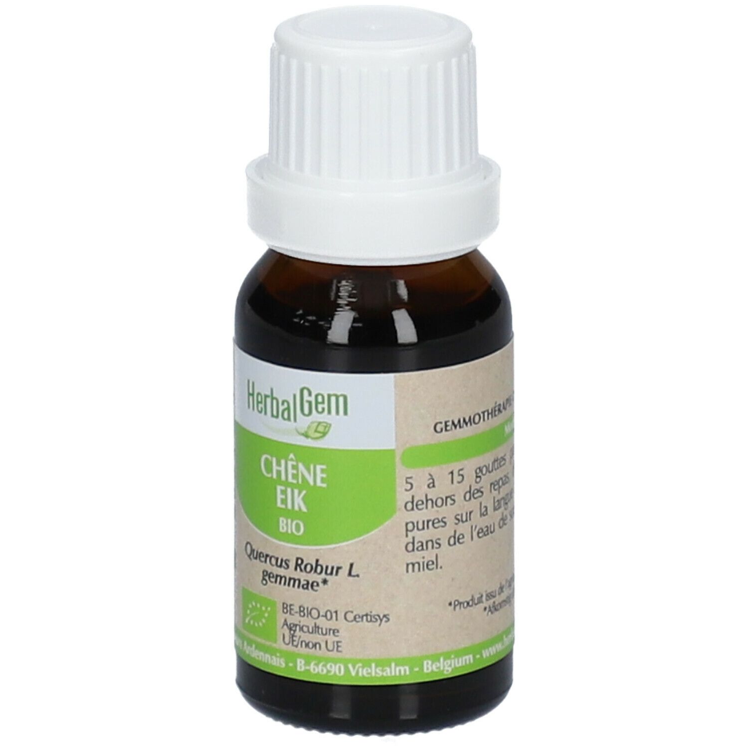 Flacone di vetro marrone con tappo bianco. Etichetta con testo: Chêne Eik Bio, HerbalGem. Certificazione bio.