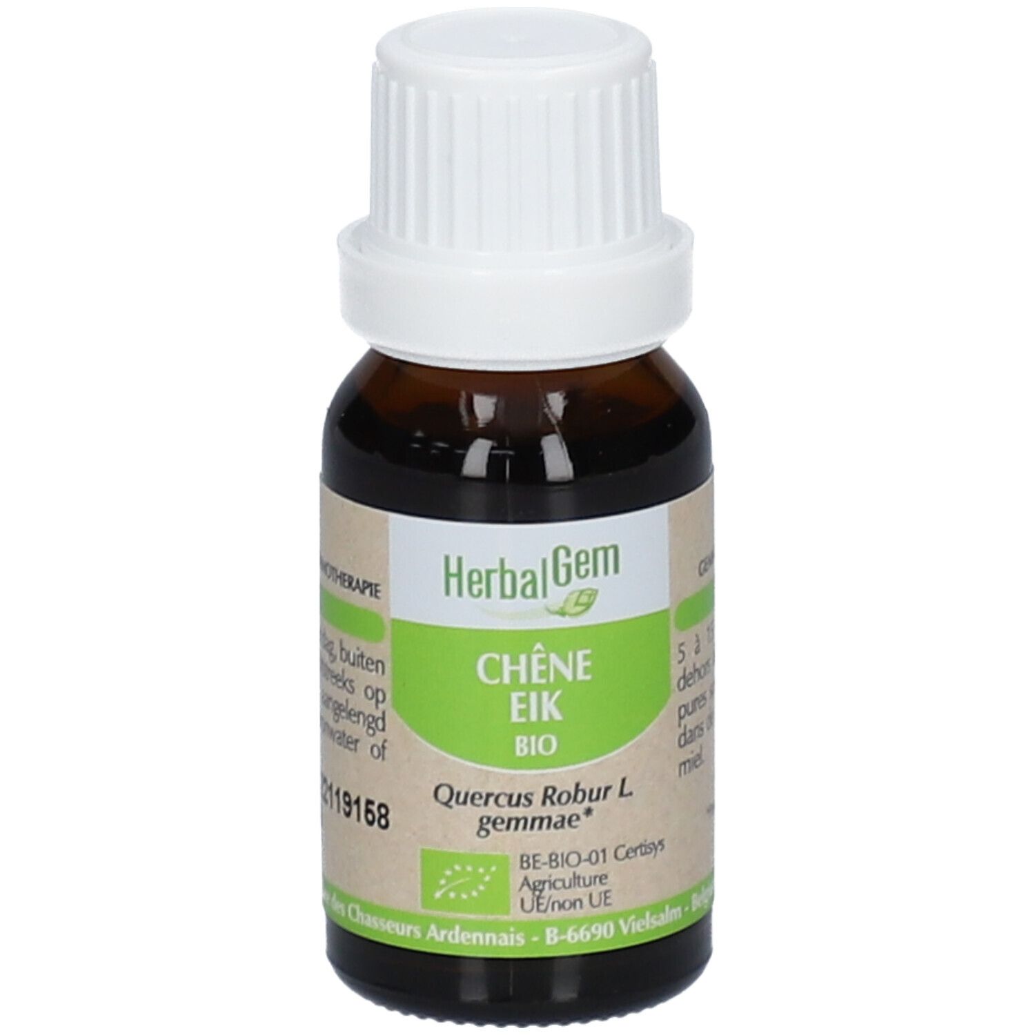 Flacone di vetro marrone con tappo bianco. Etichetta con testo: Chêne Eik Bio, HerbalGem. Certificazione bio.