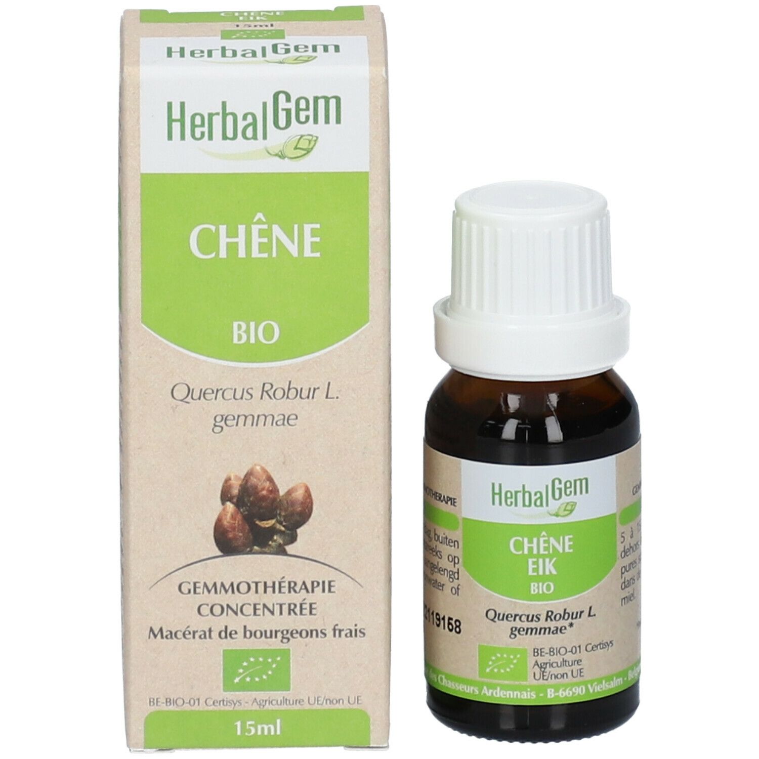 Flacone di vetro marrone e scatola. Flacone con tappo bianco. Scatola con testo: Chêne Bio, HerbalGem. 15ml.