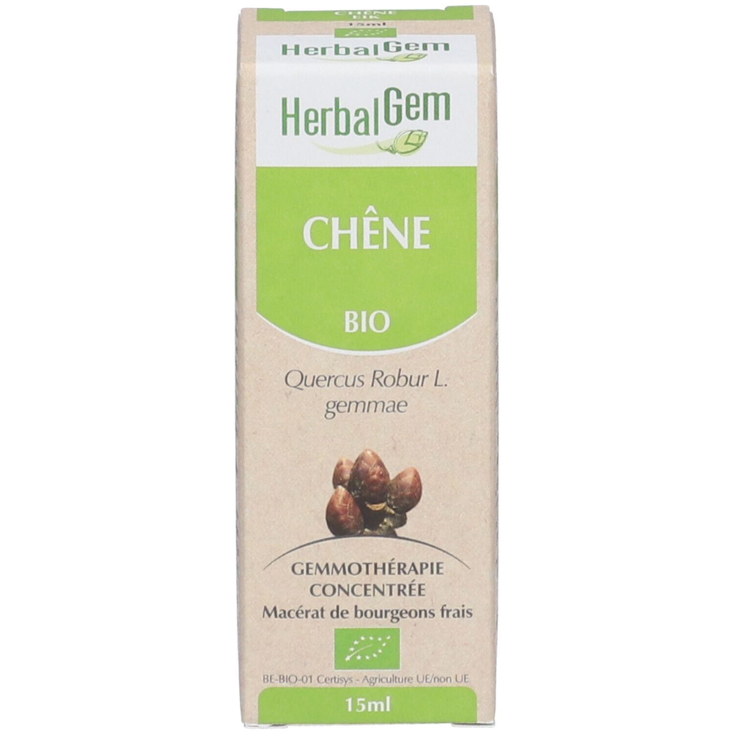 Scatola con testo: Chêne Bio, HerbalGem. Illustrazione di gemme. 15ml. Certificazione bio.