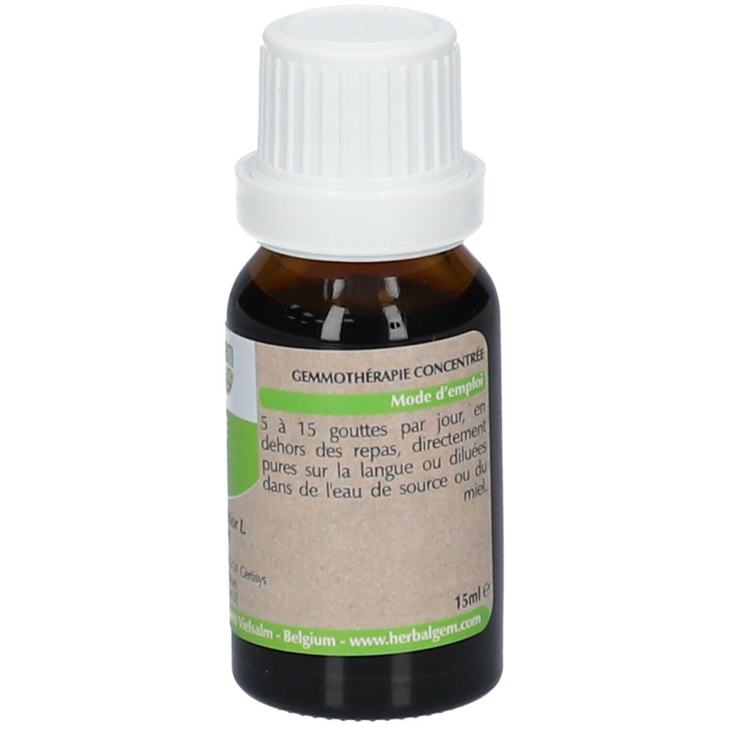 Flacone di vetro marrone con tappo bianco. Etichetta con informazioni sul prodotto e istruzioni per il dosaggio. 15ml. Logo HerbalGem.