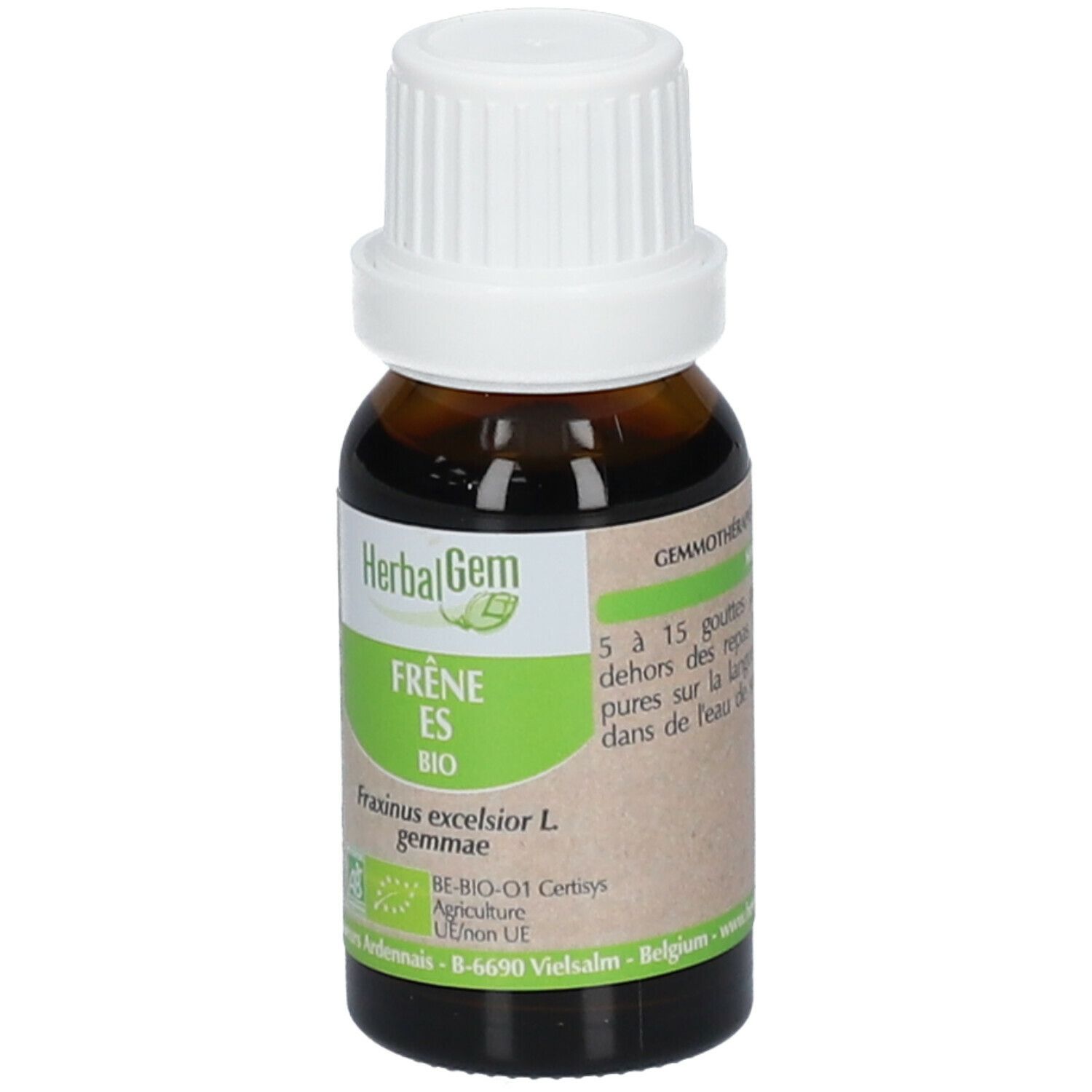 Flacone di vetro marrone con tappo bianco. Etichetta con informazioni sul prodotto e logo HerbalGem. Certificazione bio.
