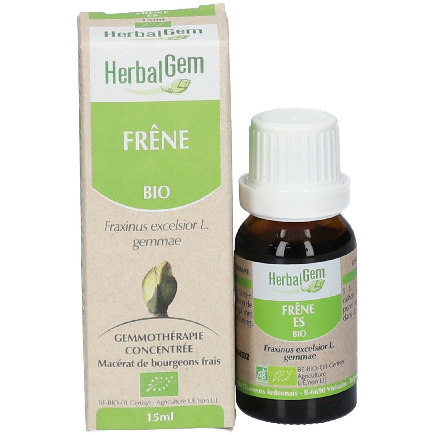 Flacone di vetro marrone con tappo bianco e confezione in cartone. Etichetta con informazioni sul prodotto e logo HerbalGem. 15ml.
