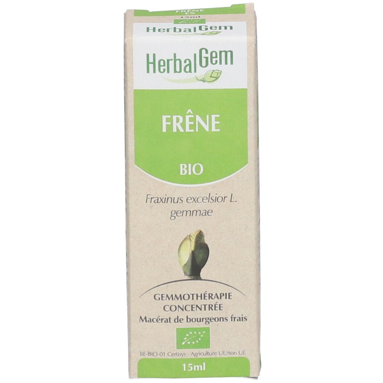 Confezione in cartone con informazioni sul prodotto e logo HerbalGem. 15ml. Certificazione bio.