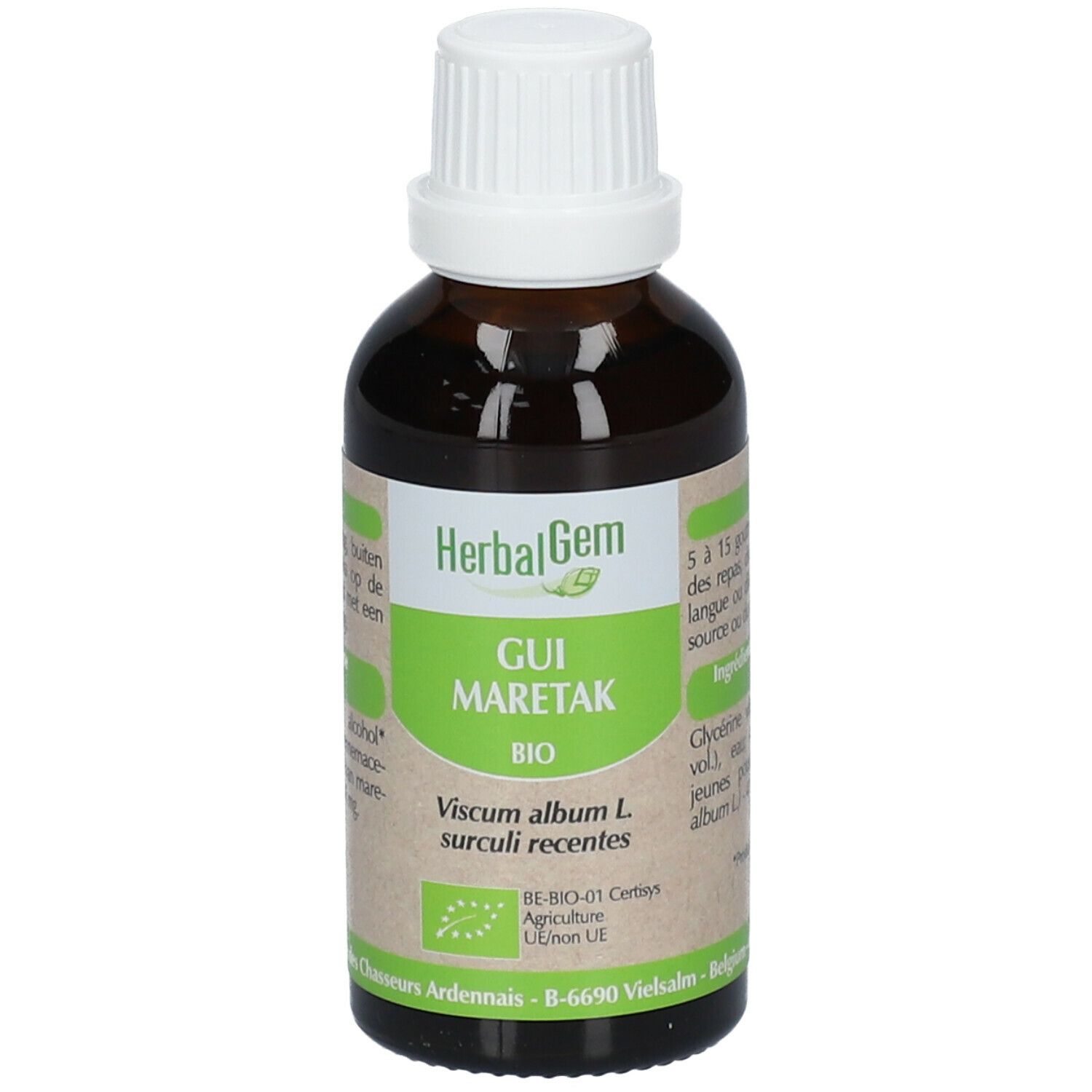 Flacone di vetro marrone con tappo bianco. Etichetta con testo: HerbalGem, GUI MARETAK BIO. Certificazione UE Bio.