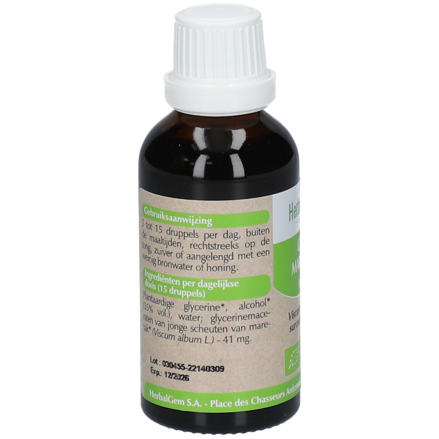 Flacone di vetro marrone con tappo bianco. Etichetta con testo e istruzioni per l'uso. Elenco ingredienti. Certificazione UE Bio.