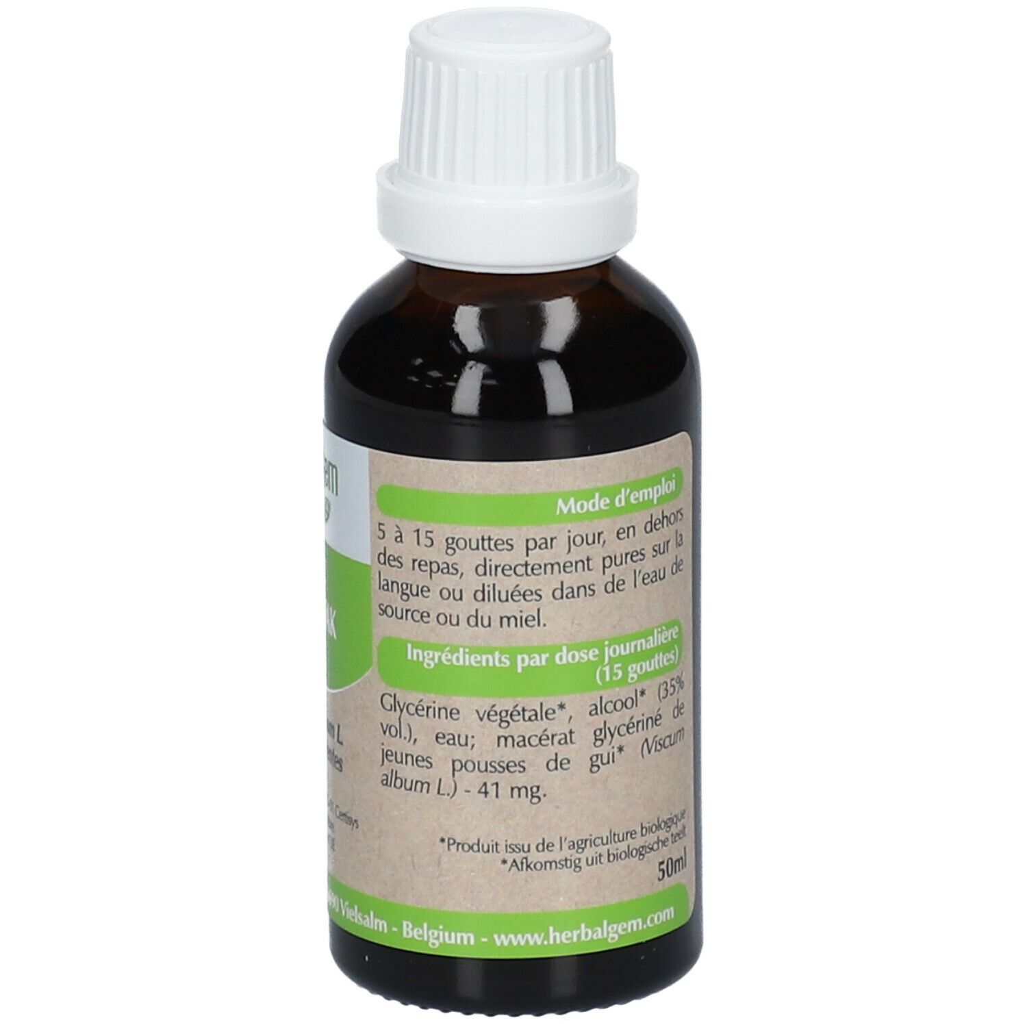 Flacone di vetro marrone con tappo bianco. Etichetta con testo e istruzioni per l'uso. Elenco ingredienti. Certificazione UE Bio.