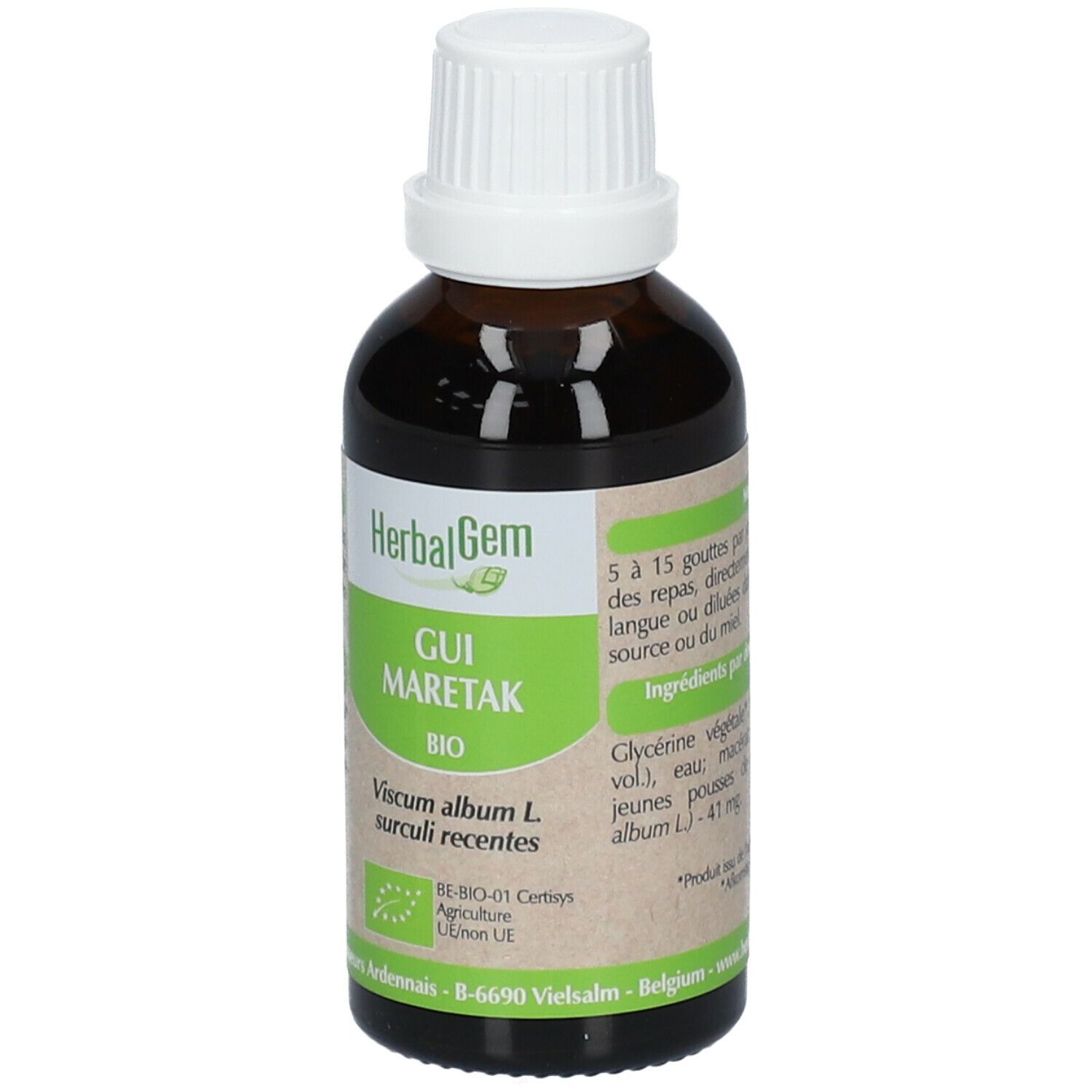 Flacone di vetro marrone con tappo bianco. Etichetta con testo: HerbalGem, GUI MARETAK BIO. Certificazione UE Bio.