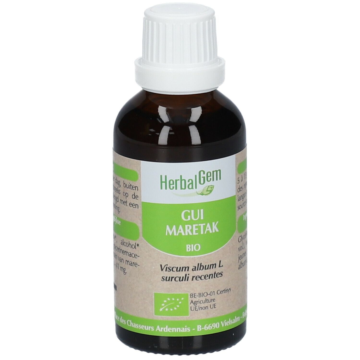 Flacone di vetro marrone con tappo bianco. Etichetta con testo: HerbalGem, GUI MARETAK BIO. Certificazione UE Bio.