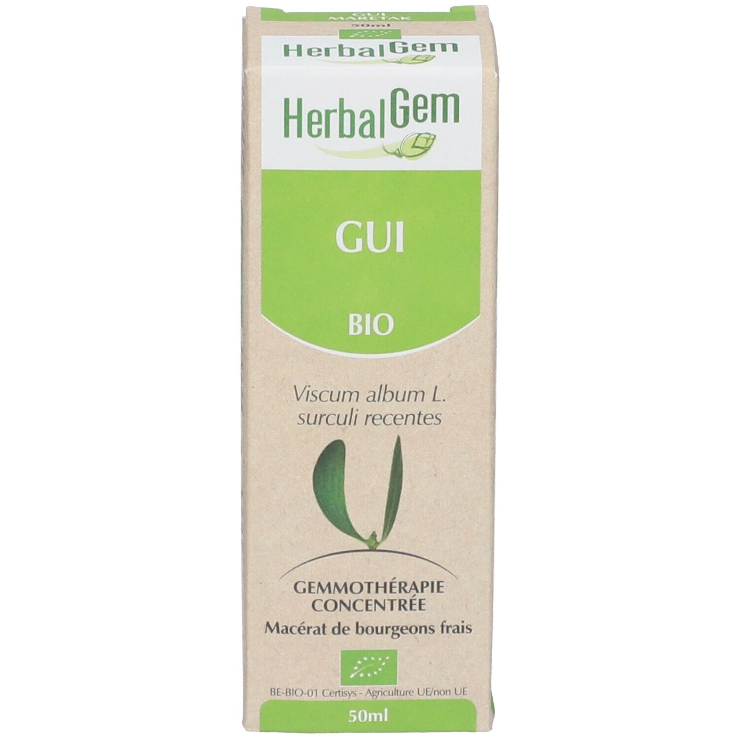 Confezione del prodotto. Scatola bianco-verde con testo: GUI BIO, Gemmoterapia concentrata, 50ml. Certificazione UE Bio.